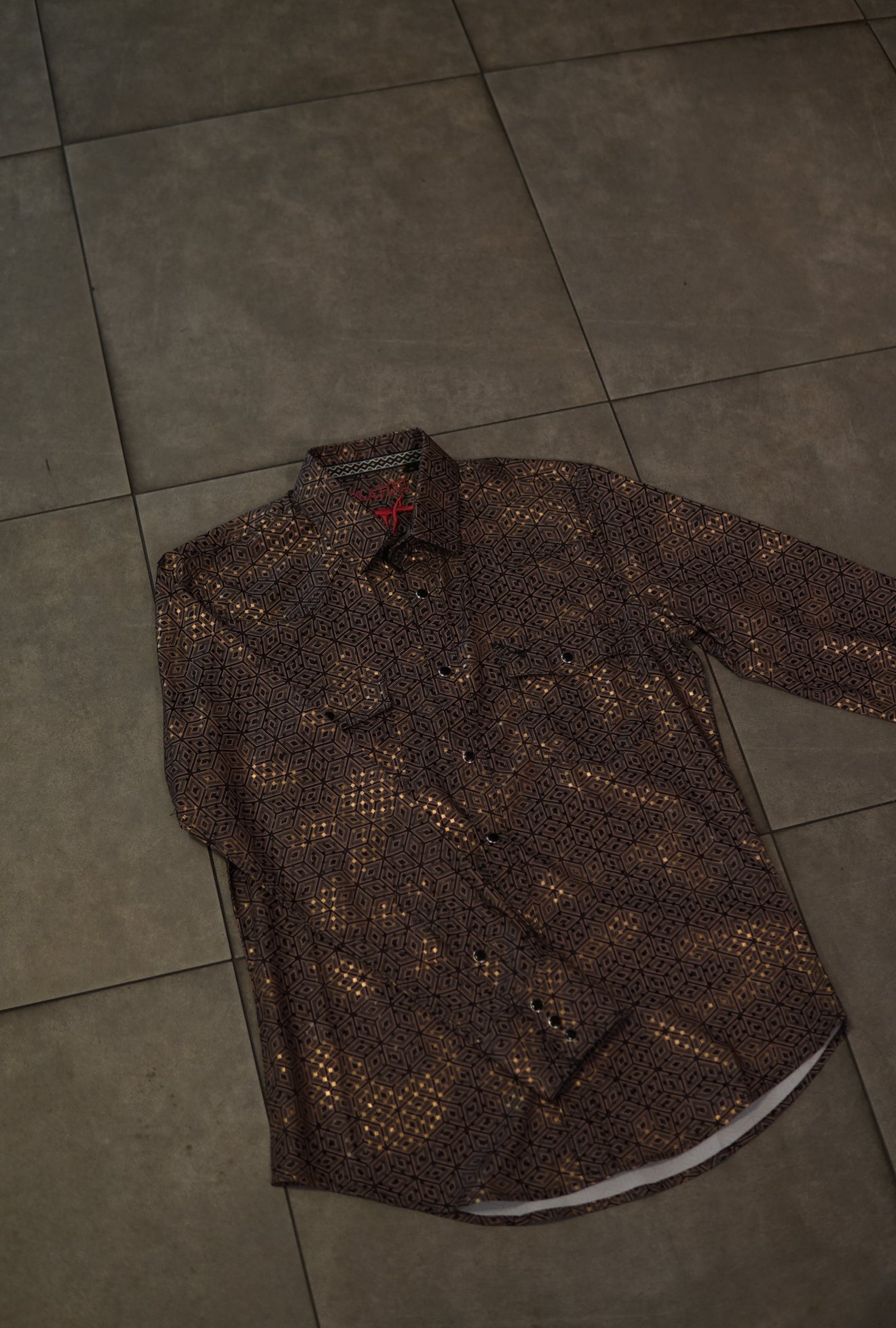 Men’s Printed Long Sleeve Button Up - Brown Hex