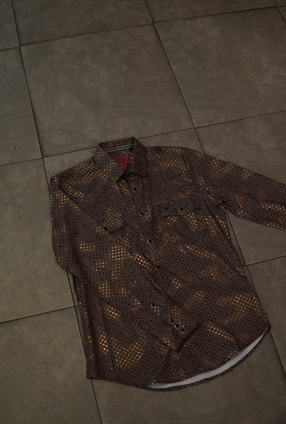 Men’s Printed Long Sleeve Button Up - Brown Hex