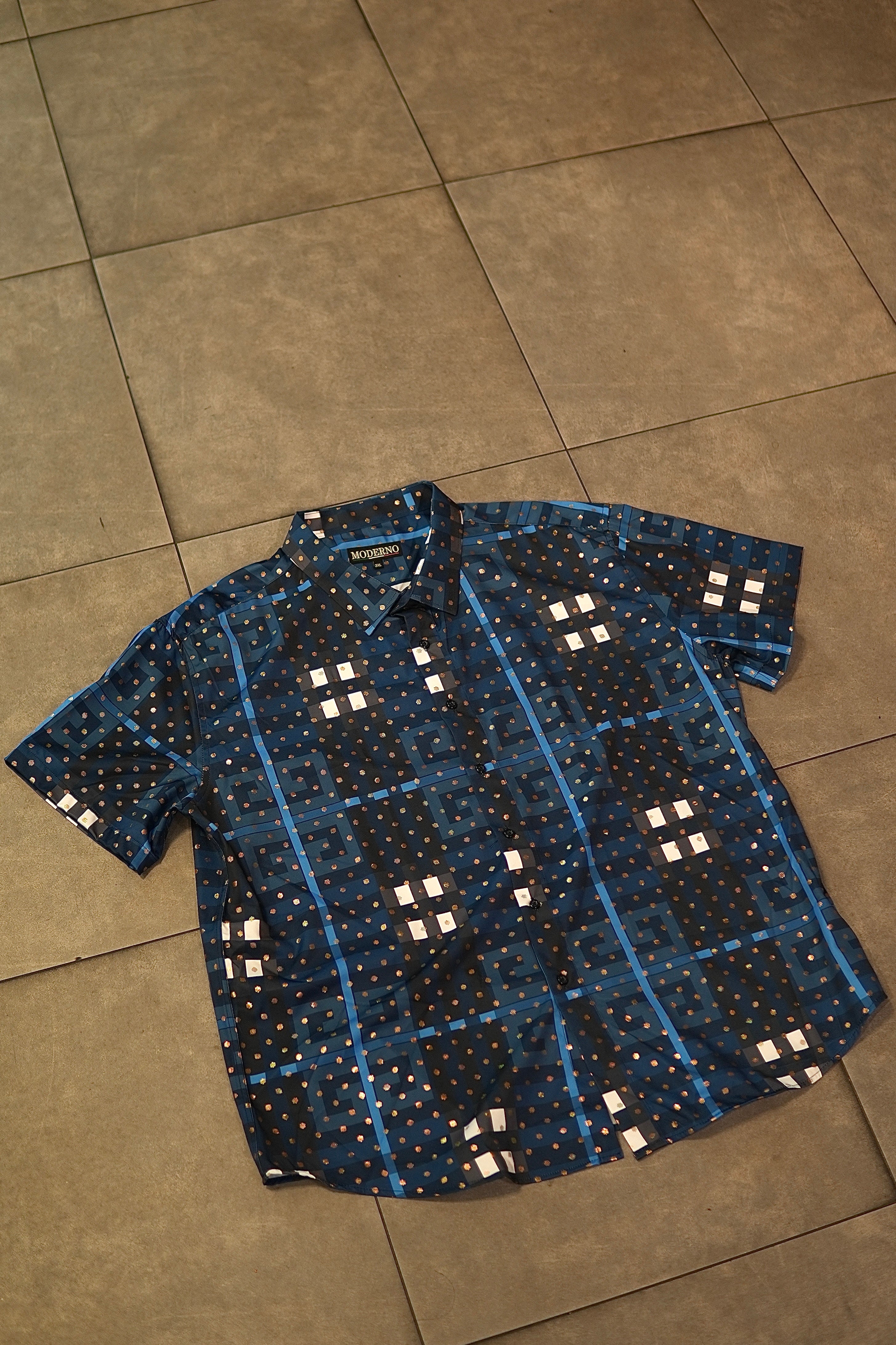 Men’s Printed Short Sleeve Button Up - Poka Blue