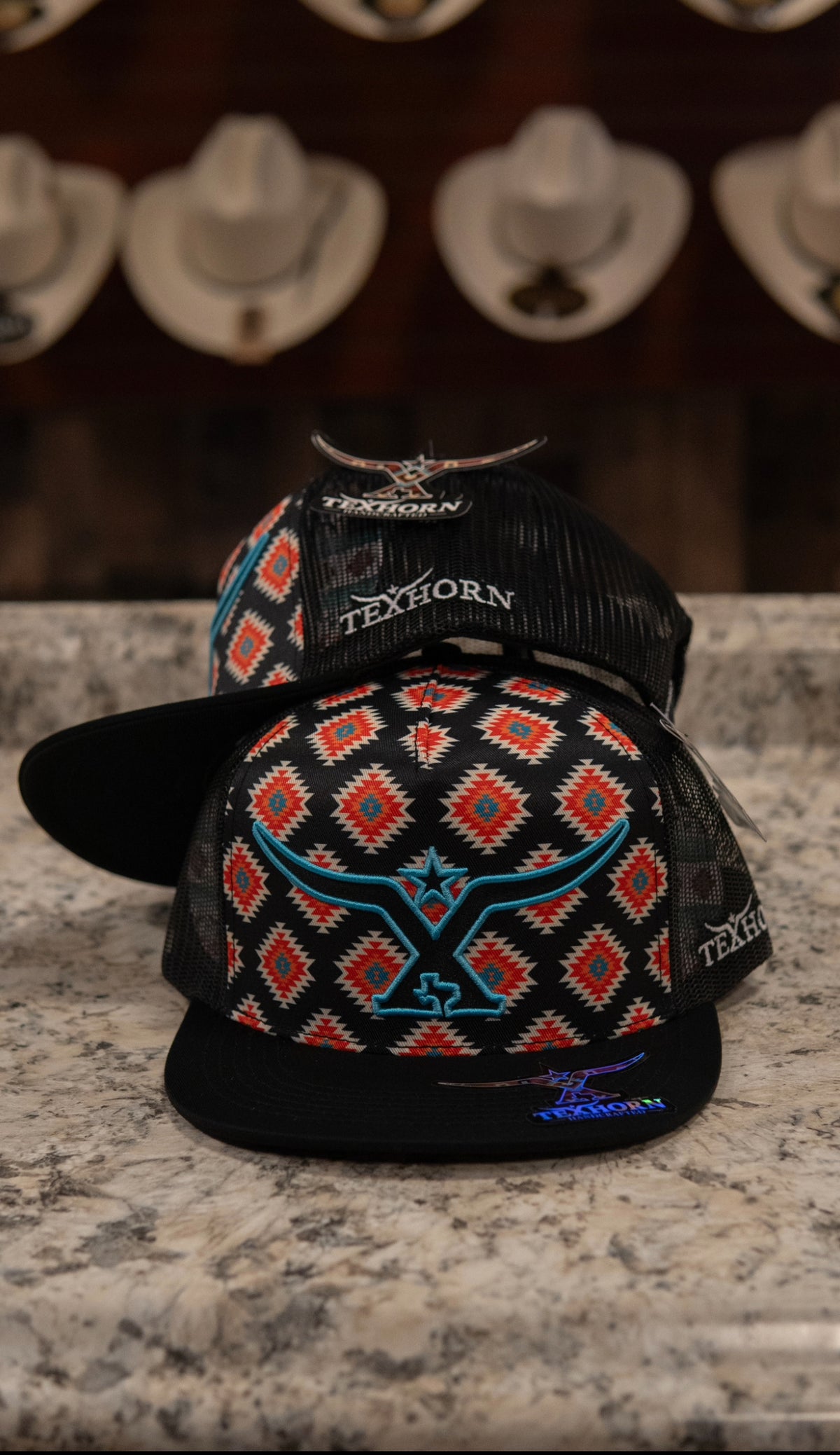 Tex Horn Snapback Cap Black Tribal