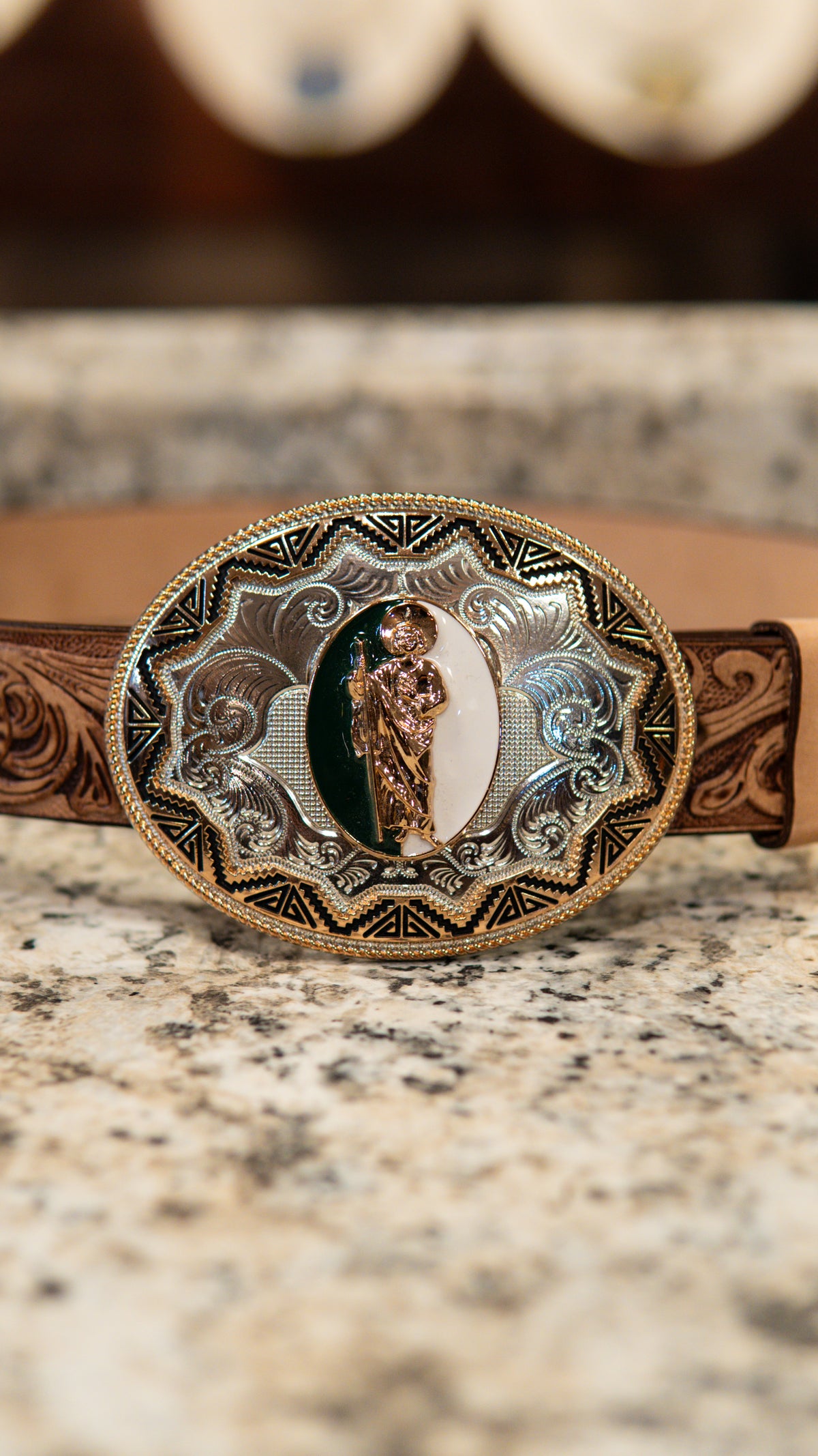 San Judas Green White Sphere Western Buckle