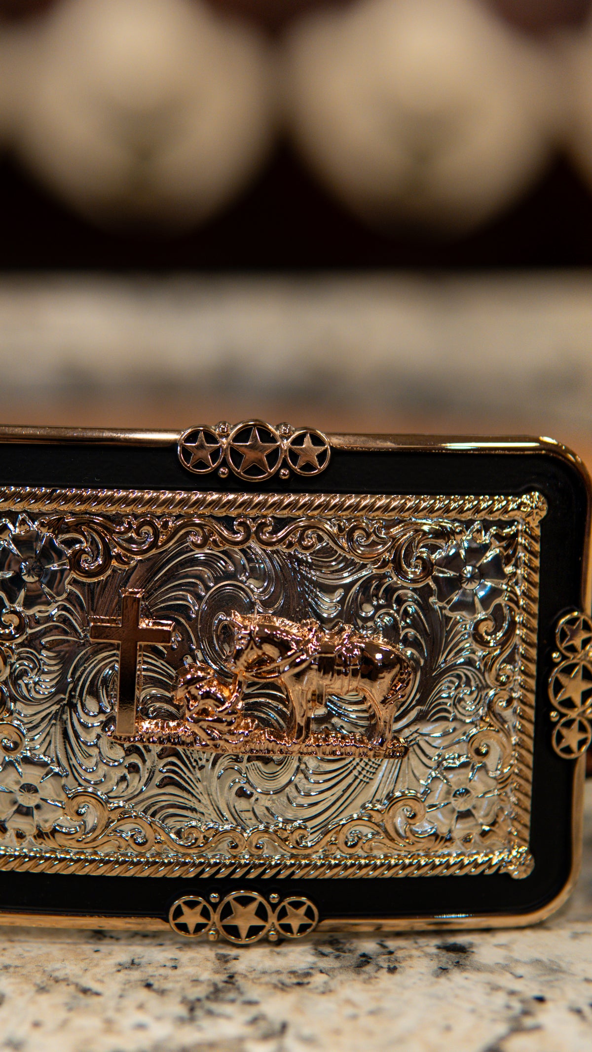 Kneeling Horse Black Border Western Buckle