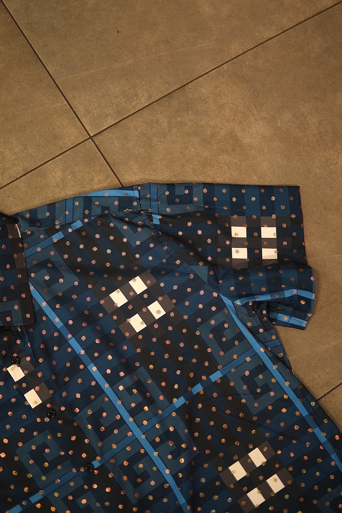 Men’s Printed Short Sleeve Button Up - Poka Blue