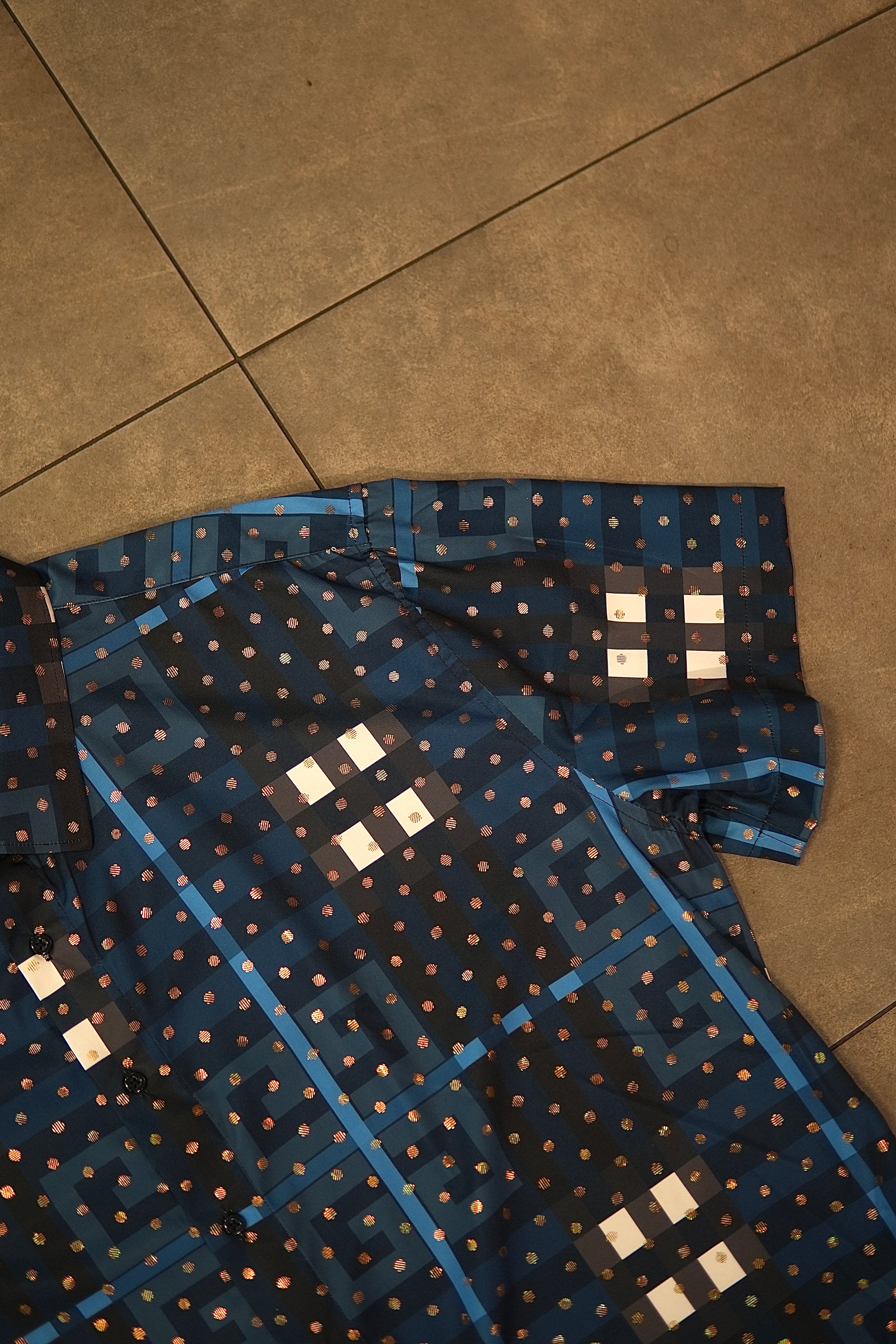 Men’s Printed Short Sleeve Button Up - Poka Blue