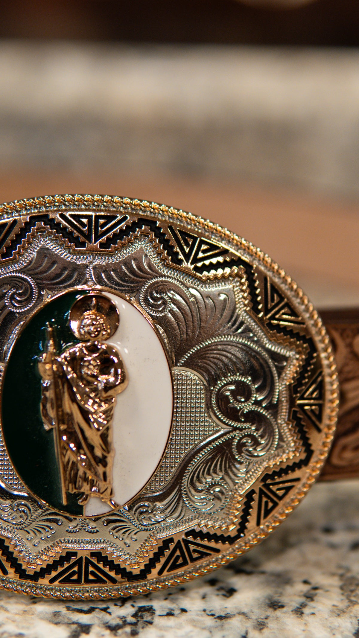 San Judas Green White Sphere Western Buckle