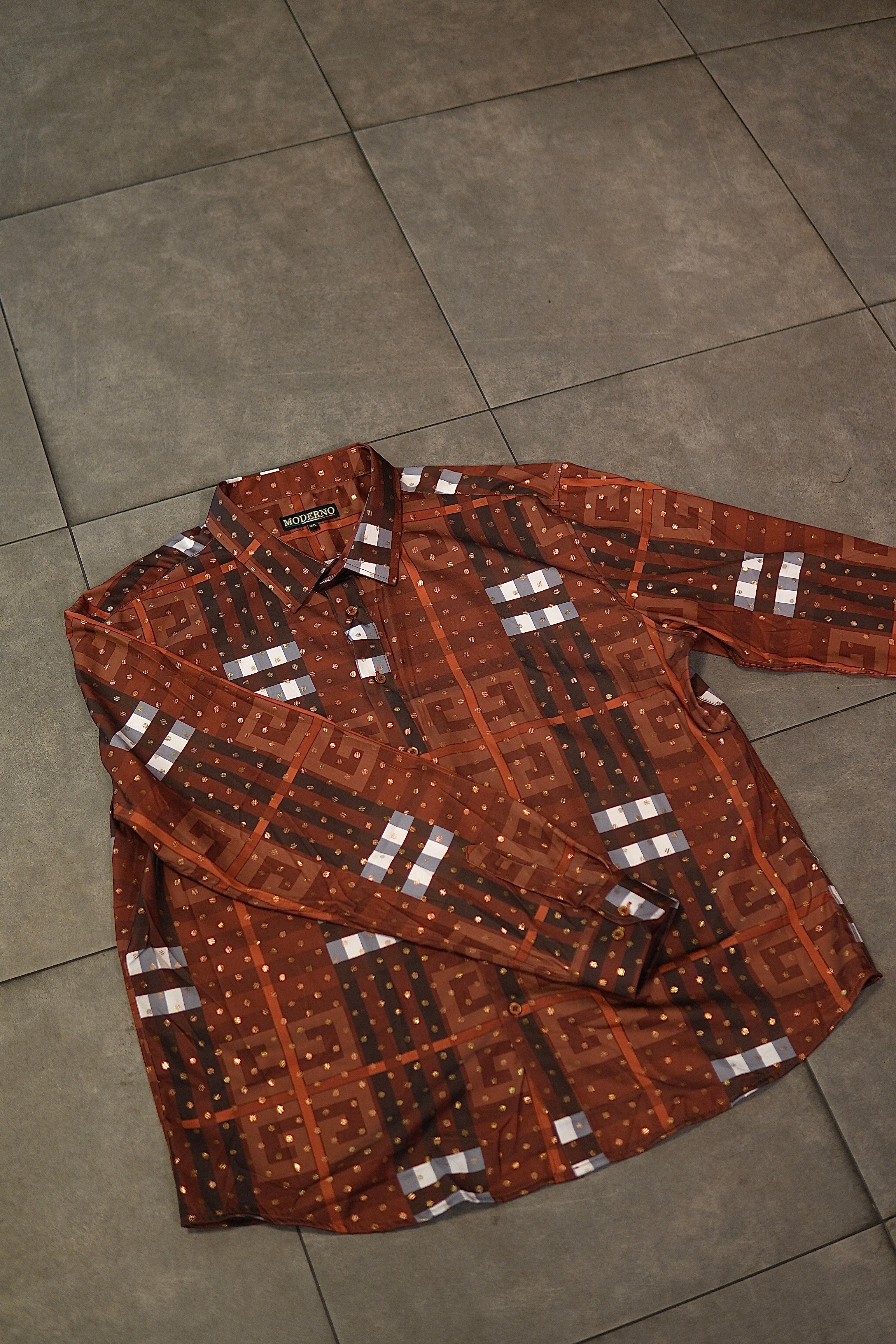 Men’s Printed Long Sleeve Button Up - Poka Burnt Orange