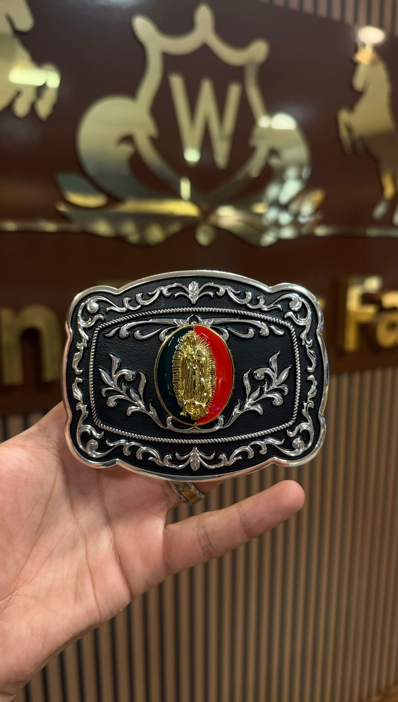 Virgin Mary Black Silver Buckle