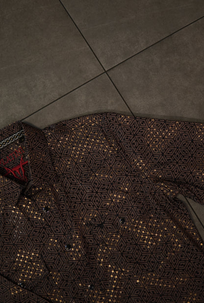 Men’s Printed Long Sleeve Button Up - Brown Hex