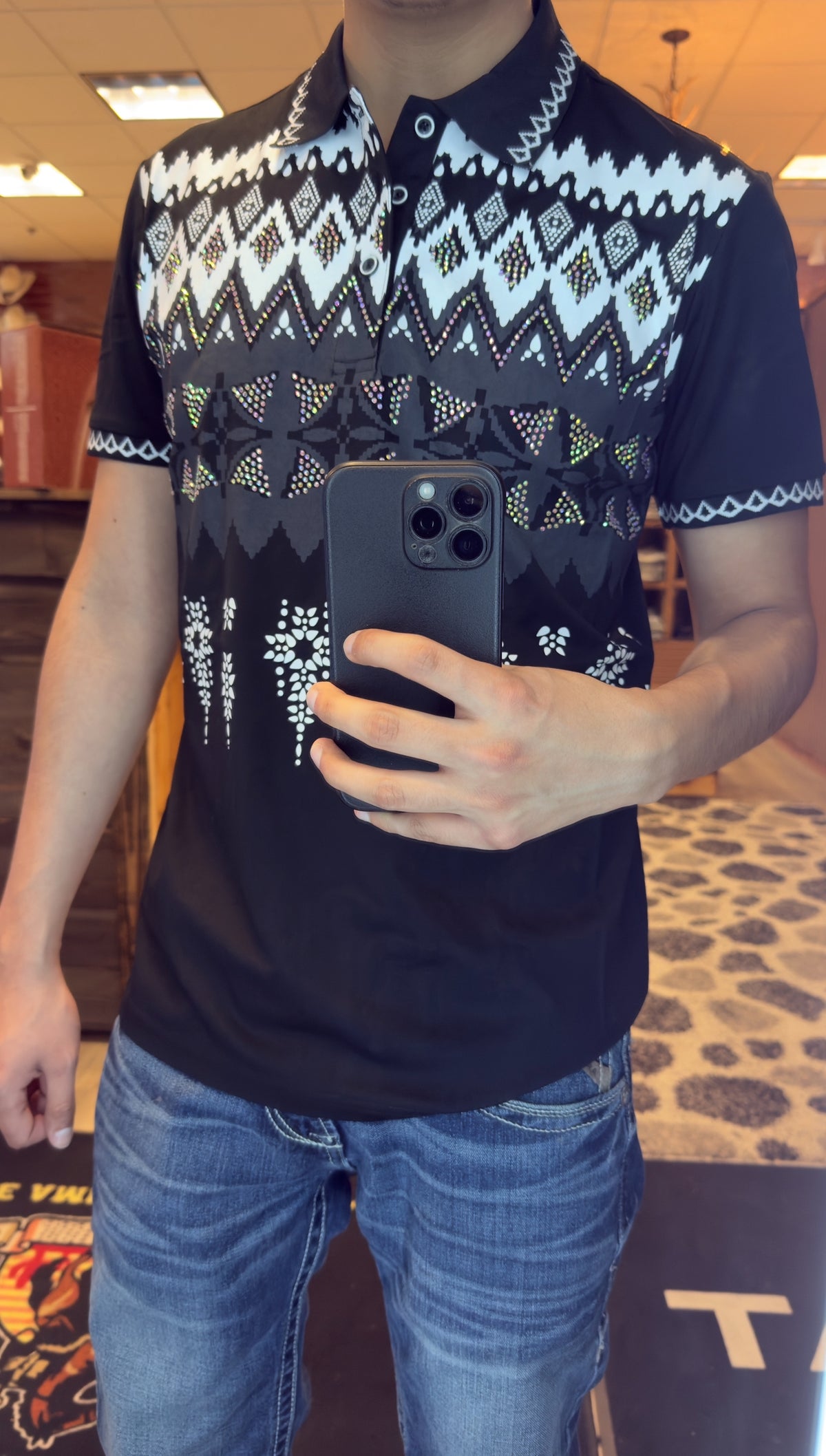 Men’s Polo Button Up - Black Pine Crystal
