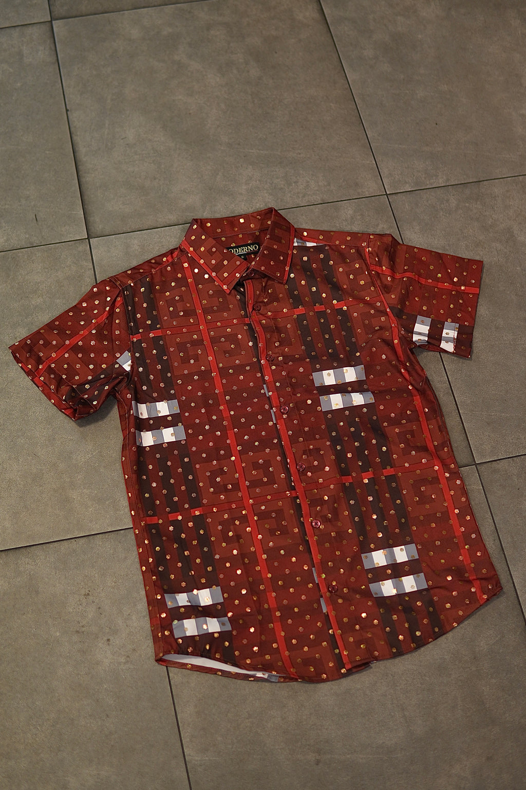 Men’s Printed Short Sleeve Button Up - Poka Burnt Orange