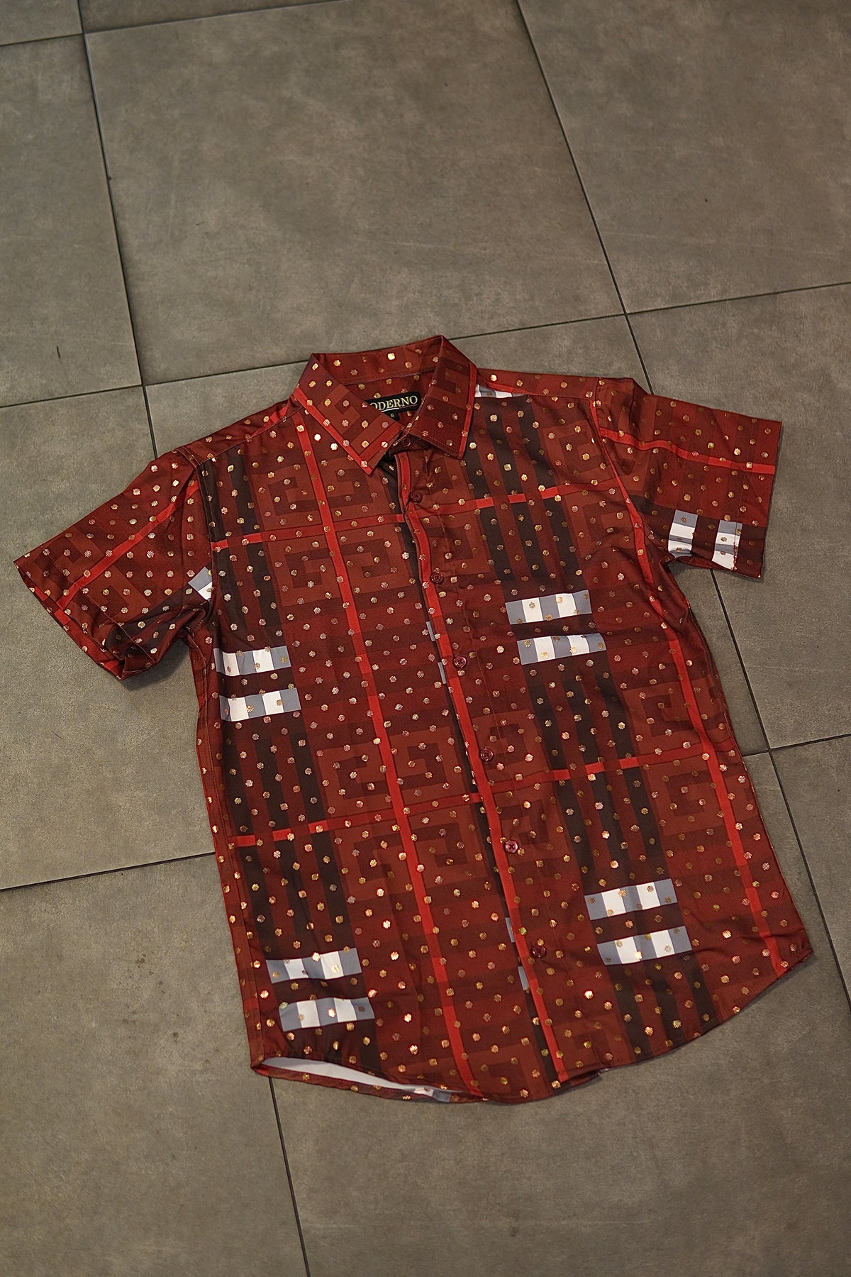 Men’s Printed Short Sleeve Button Up - Poka Burnt Orange