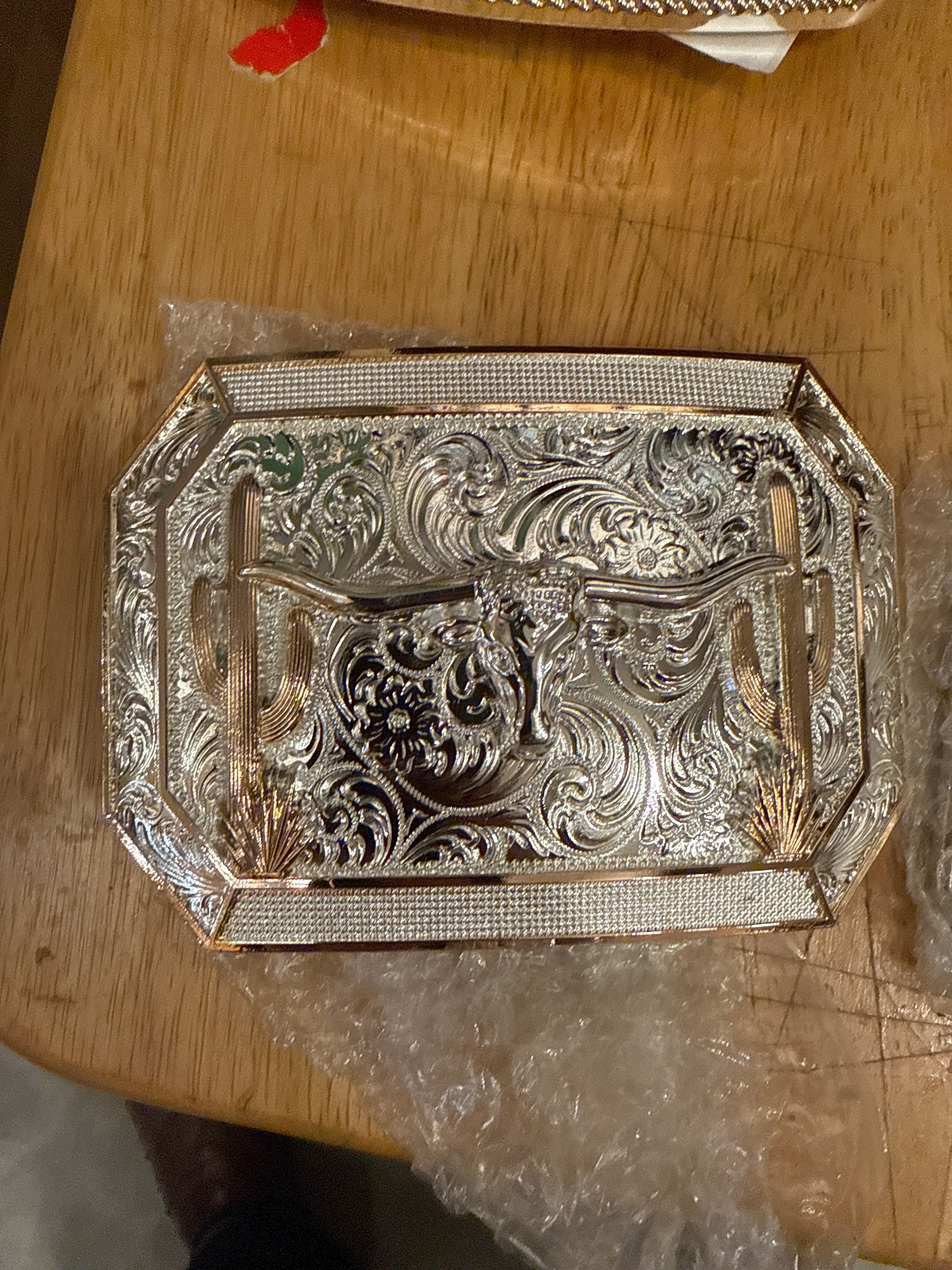 long horn cactus silver square western buckle