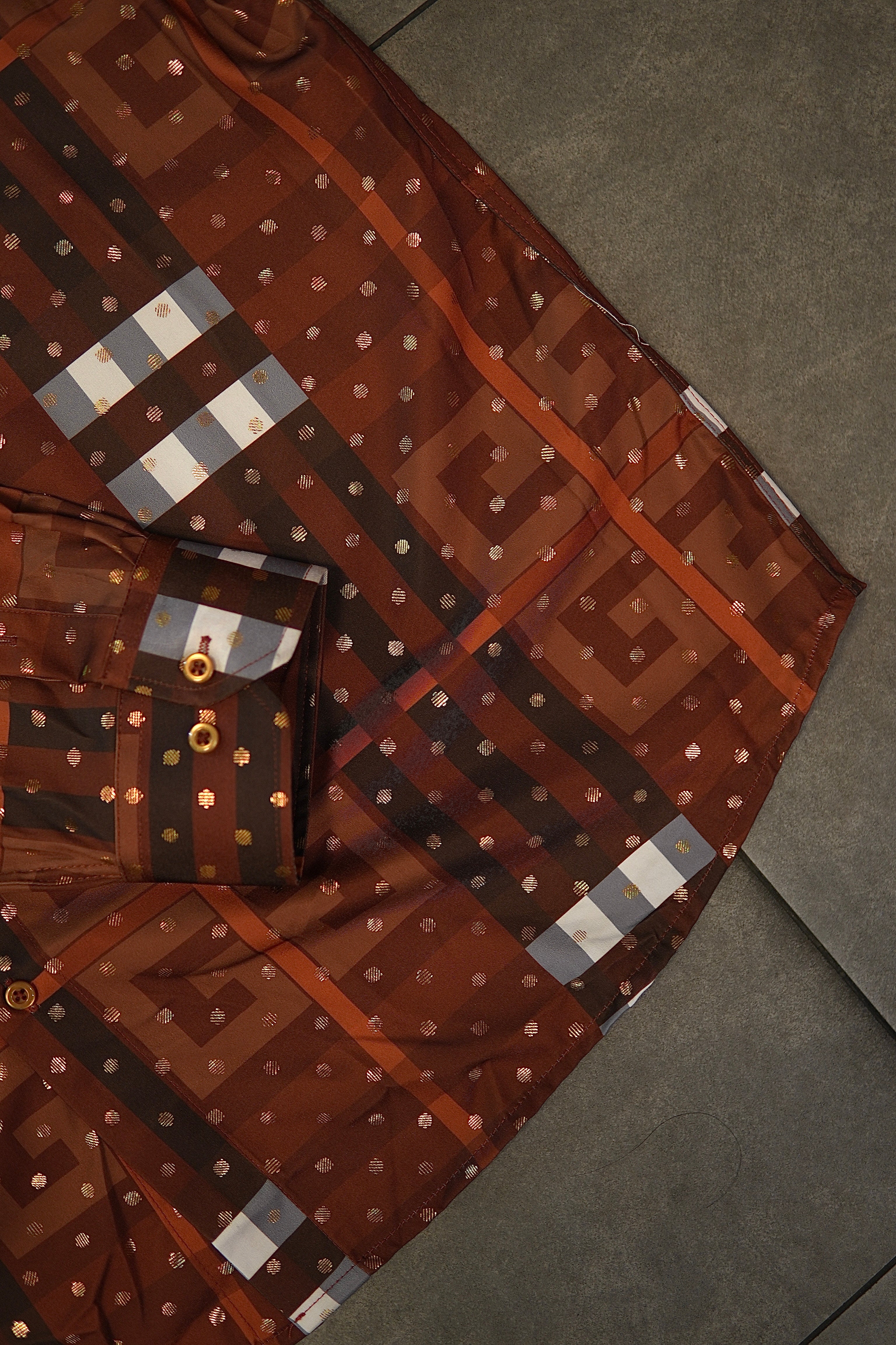 Men’s Printed Long Sleeve Button Up - Poka Burnt Orange