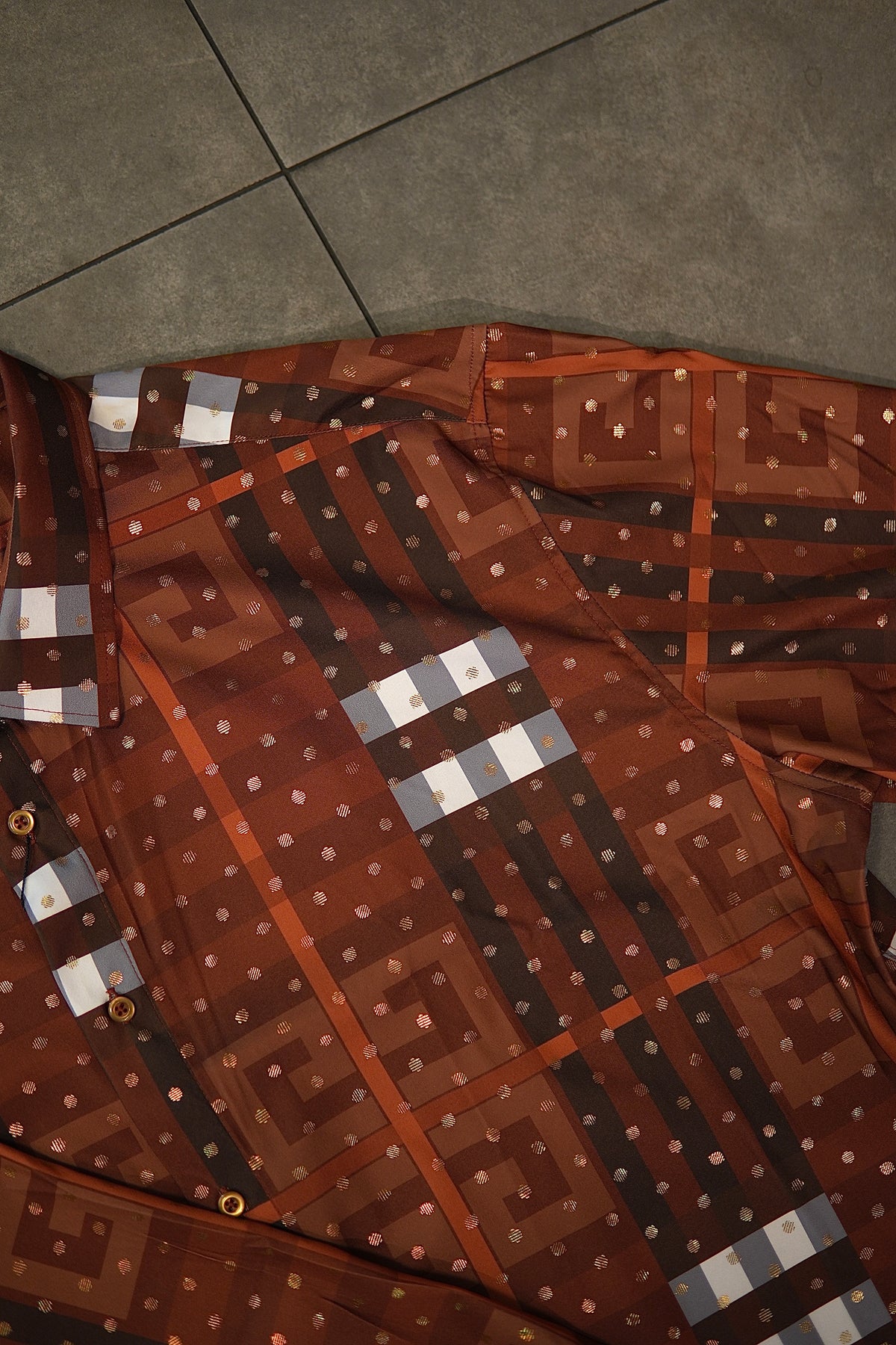 Men’s Printed Long Sleeve Button Up - Poka Burnt Orange