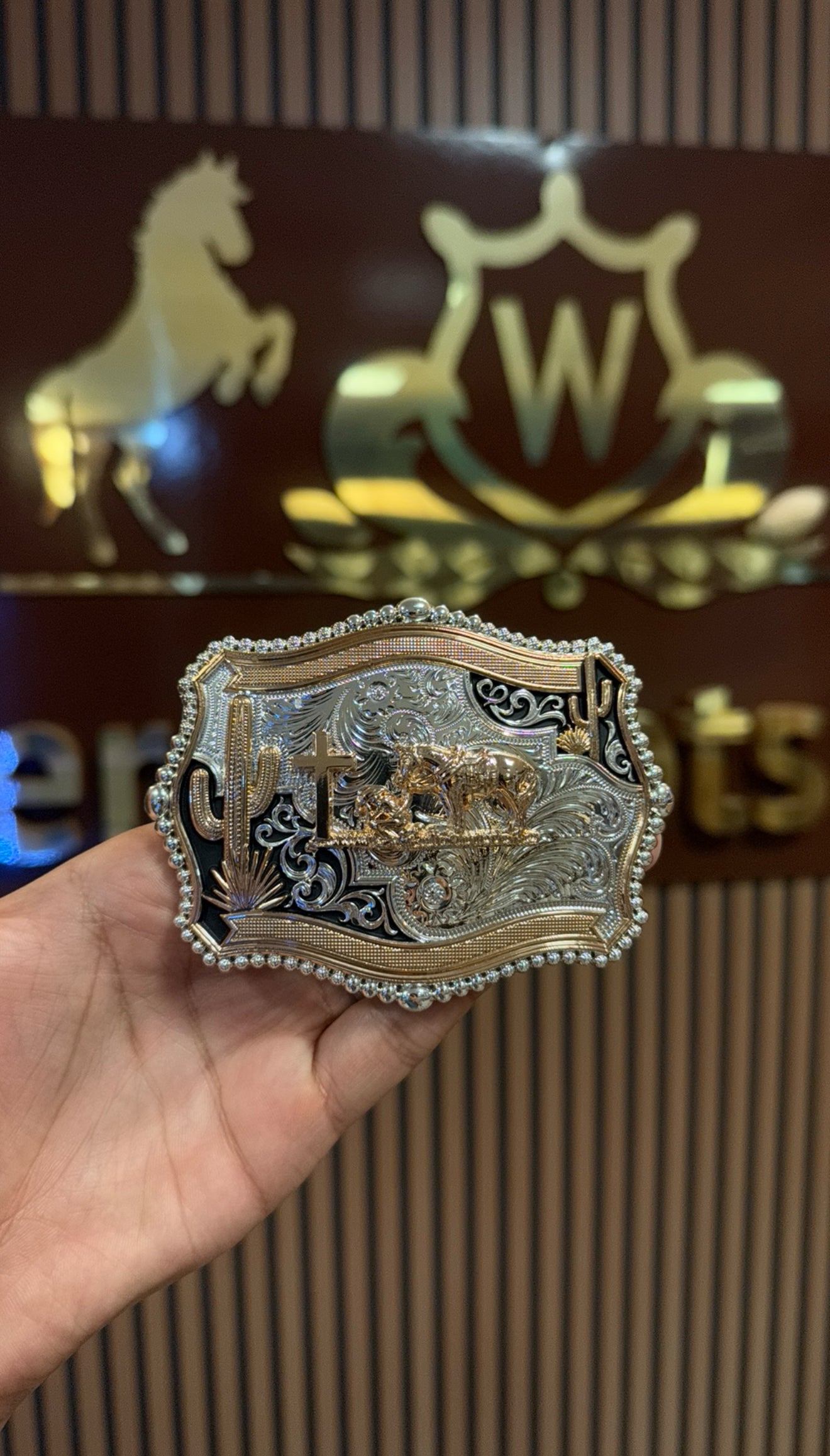 Kneeling Horse Rose Cactus Buckle