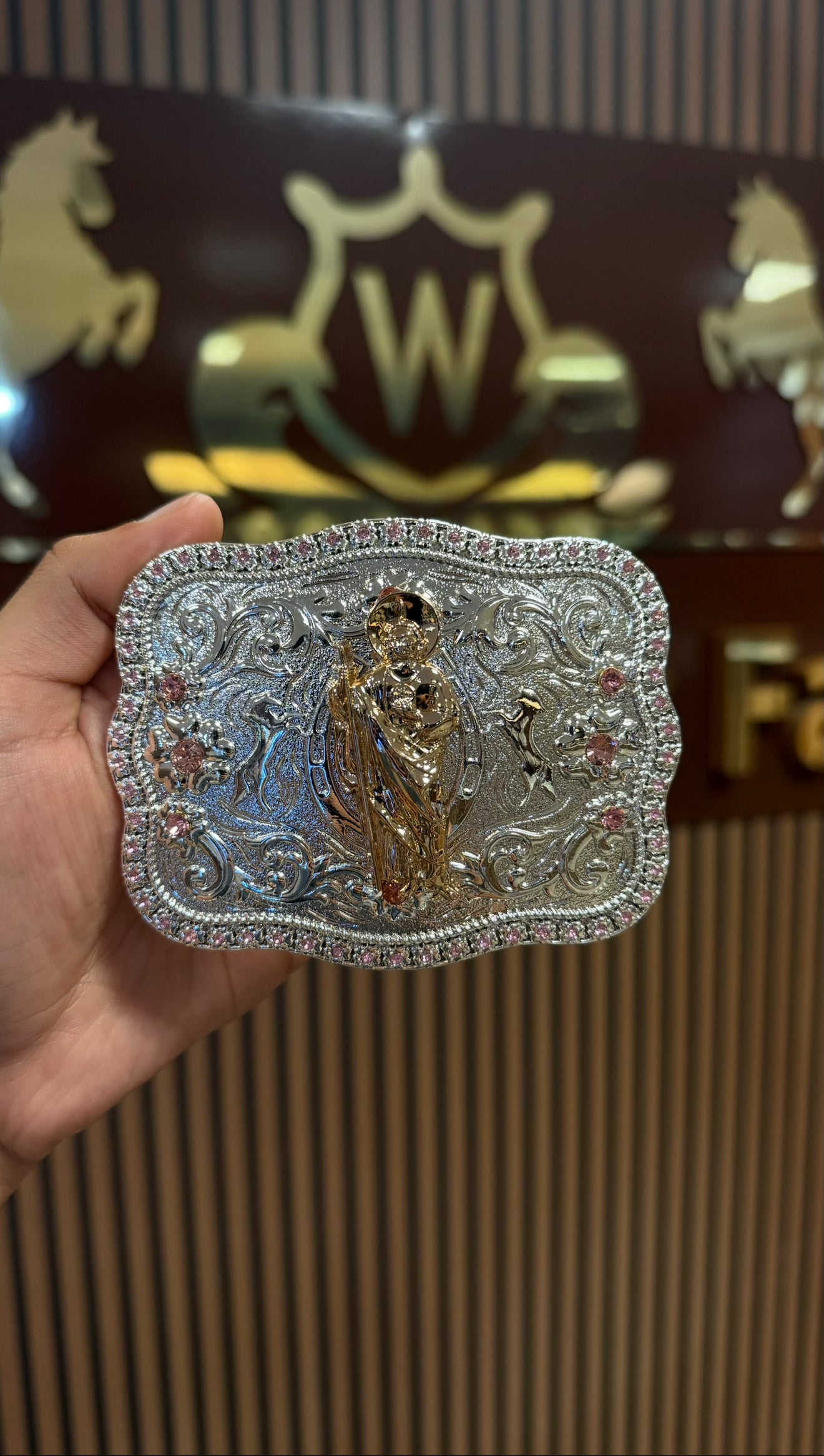 San Judas Rose Gold Gem Silver Buckle