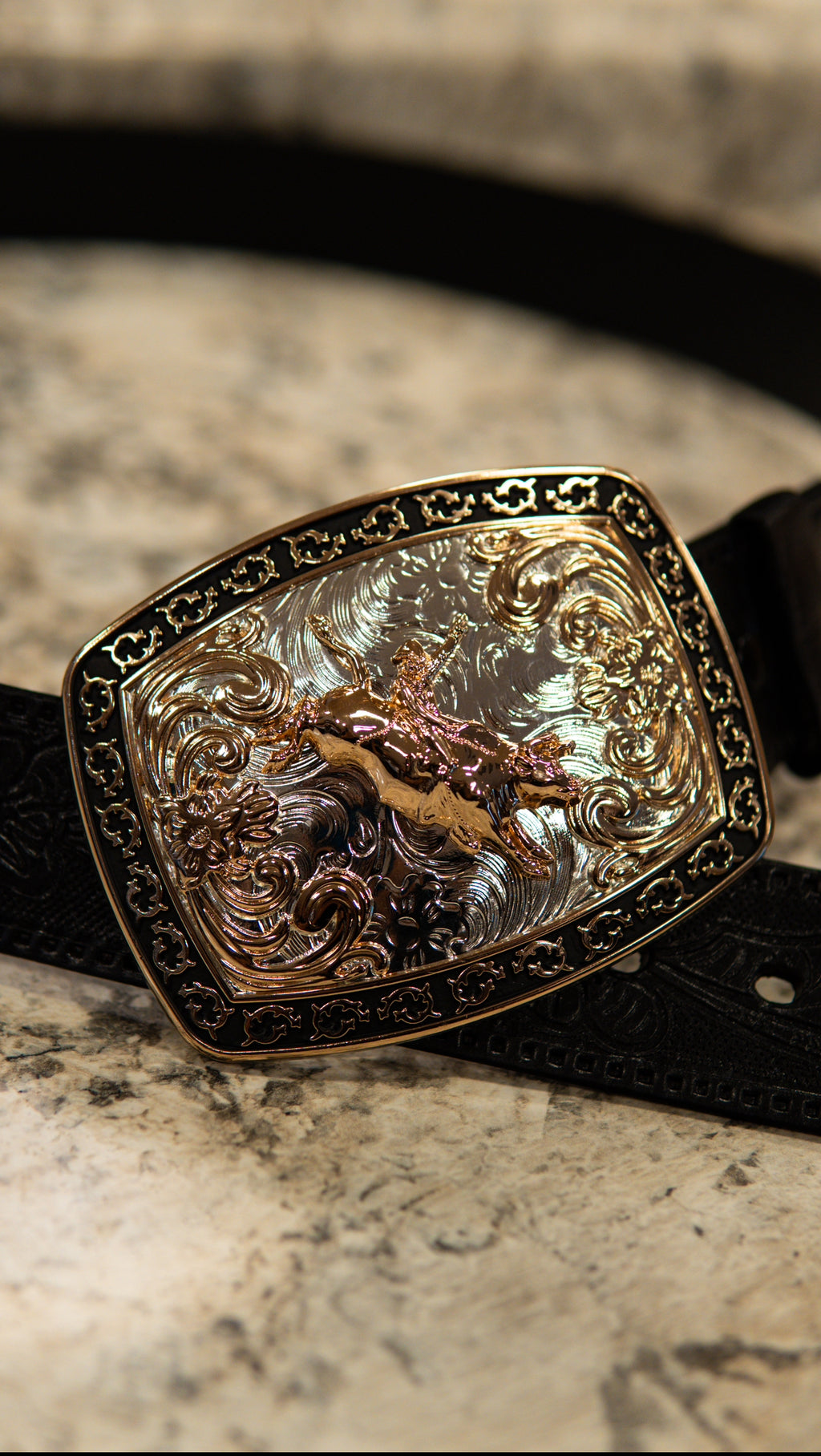 Bull Rider Tooled Blacked Square Western Buckle