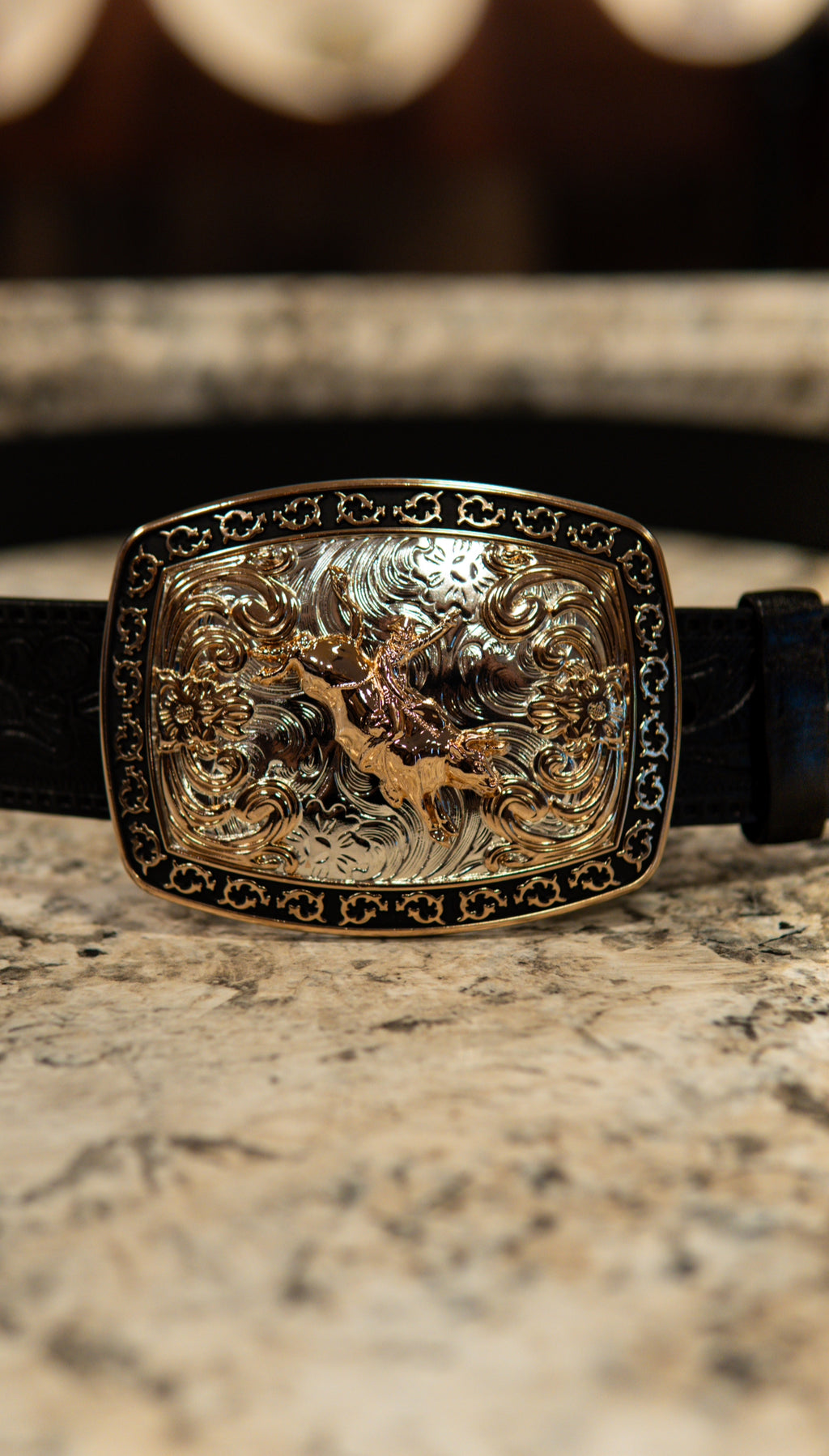 Bull Rider Tooled Blacked Square Western Buckle