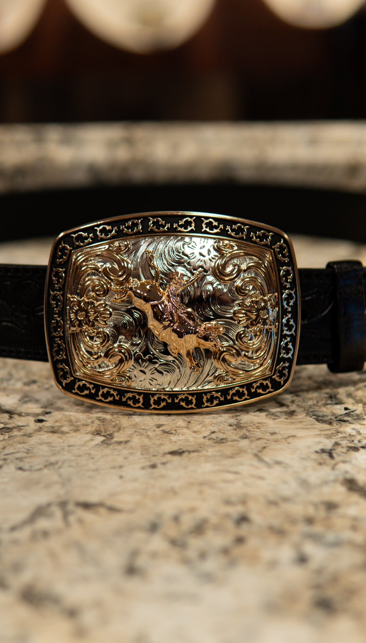 Bull Rider Tooled Blacked Square Western Buckle
