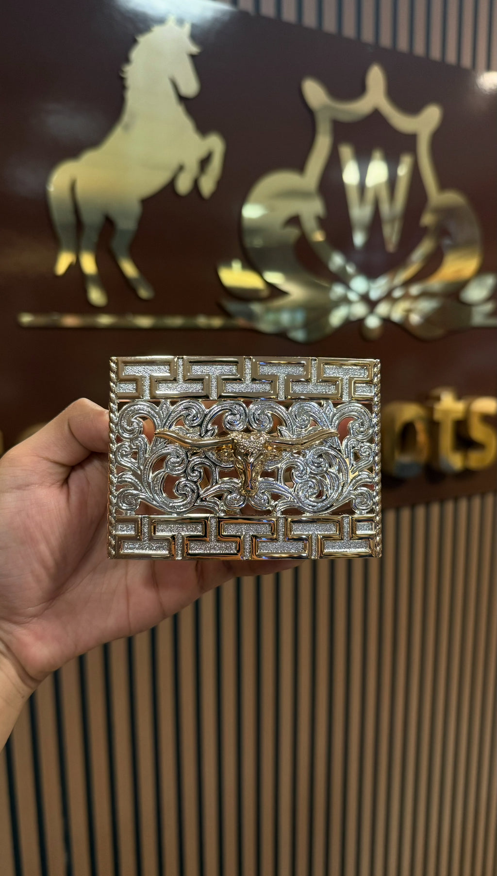 Long Horn Rose Gold Aztec Silver Buckle