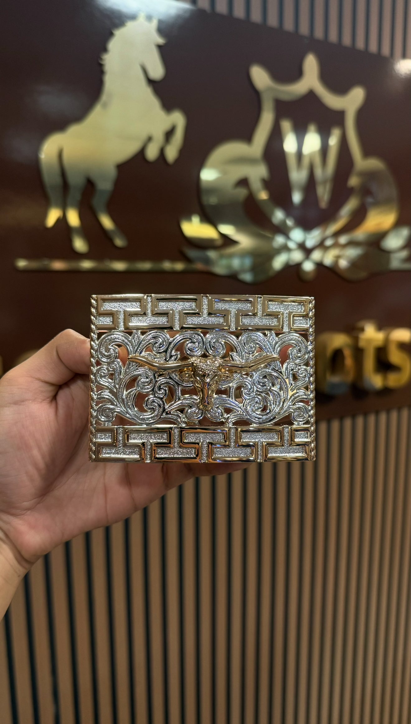 Long Horn Rose Gold Aztec Silver Buckle