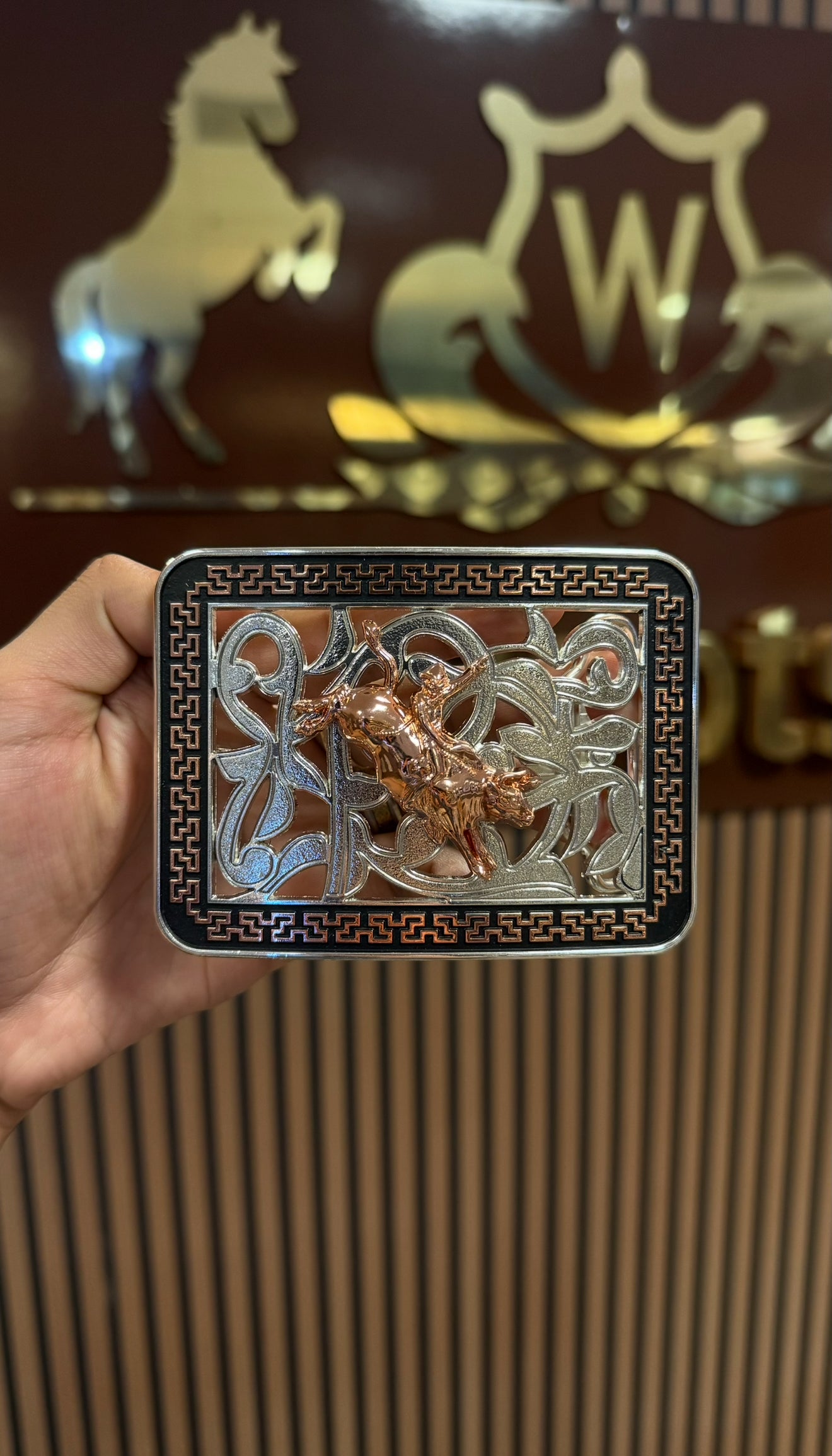 Bull Riding Rose Gold Square Silver Buckle