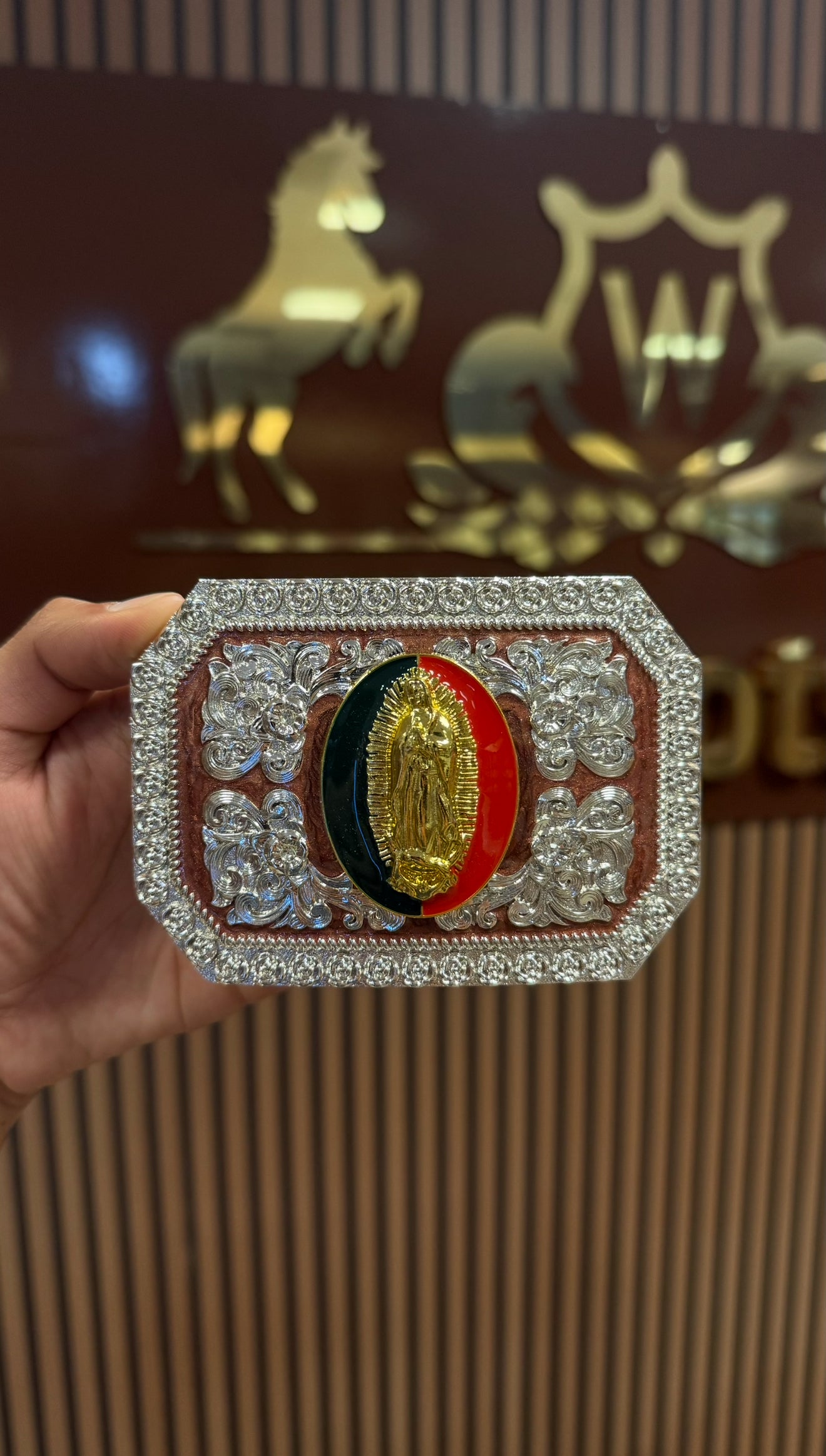 Virgin Mary Brown Hand Tool Silver Buckle