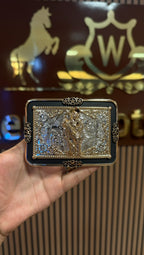 San Judas Patriot Rose Black Border Western Belt Buckle