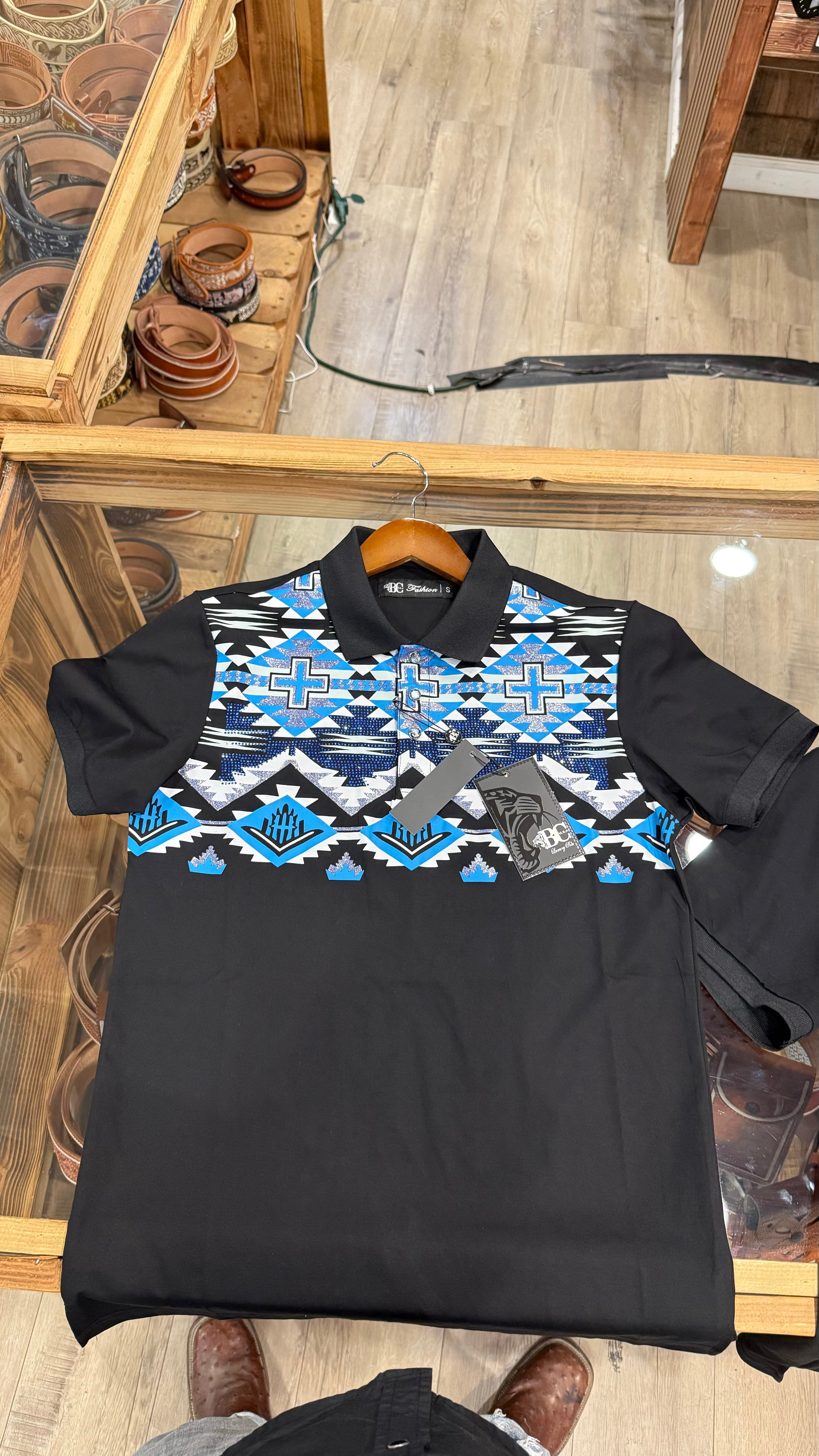 Men’s Polo Short Sleeve Button Up “Blue Cross”