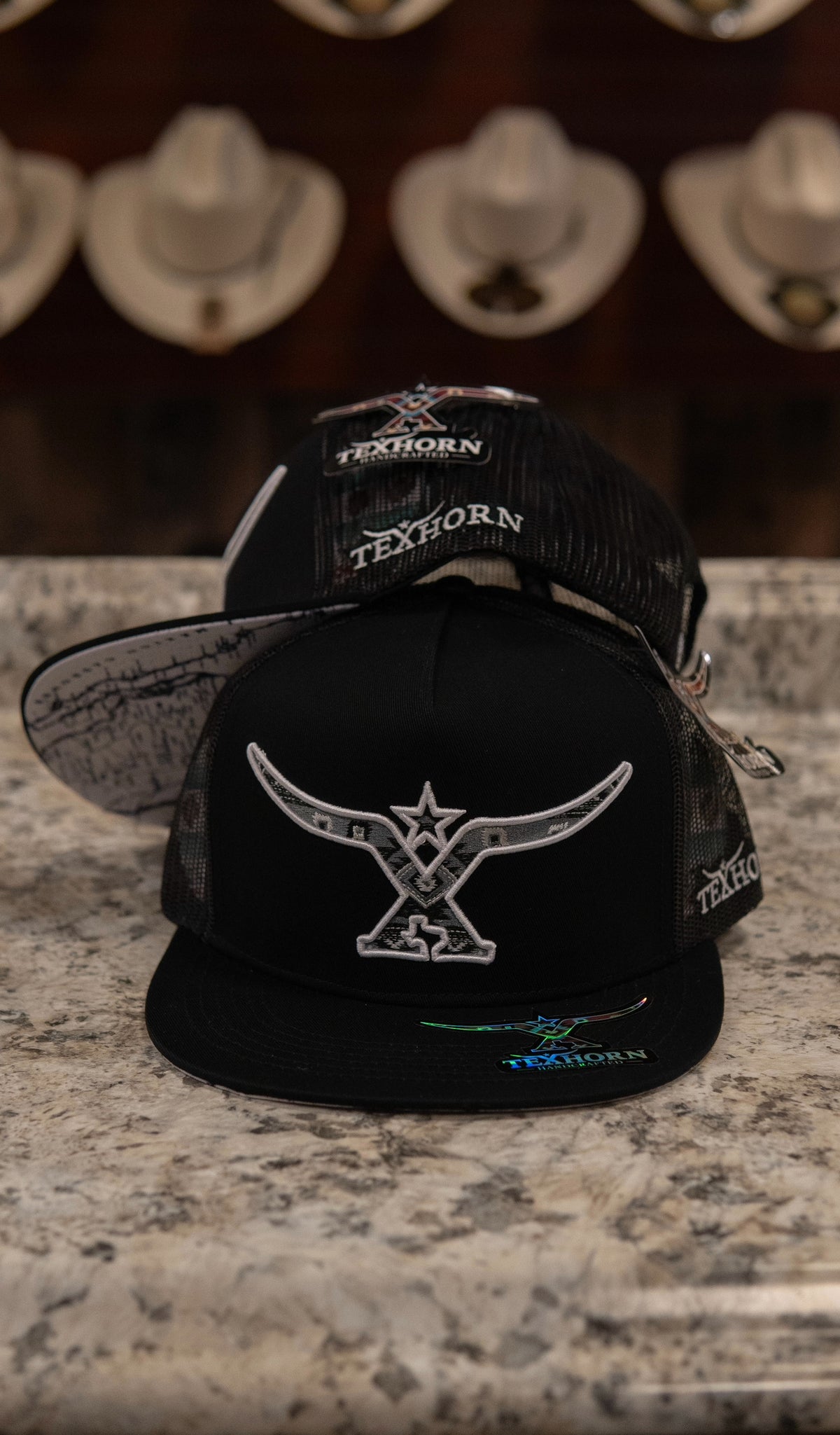 Tex Horn Snapback Cap Black & White Map Brim