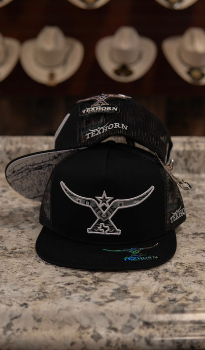 Tex Horn Snapback Cap Black & White Map Brim