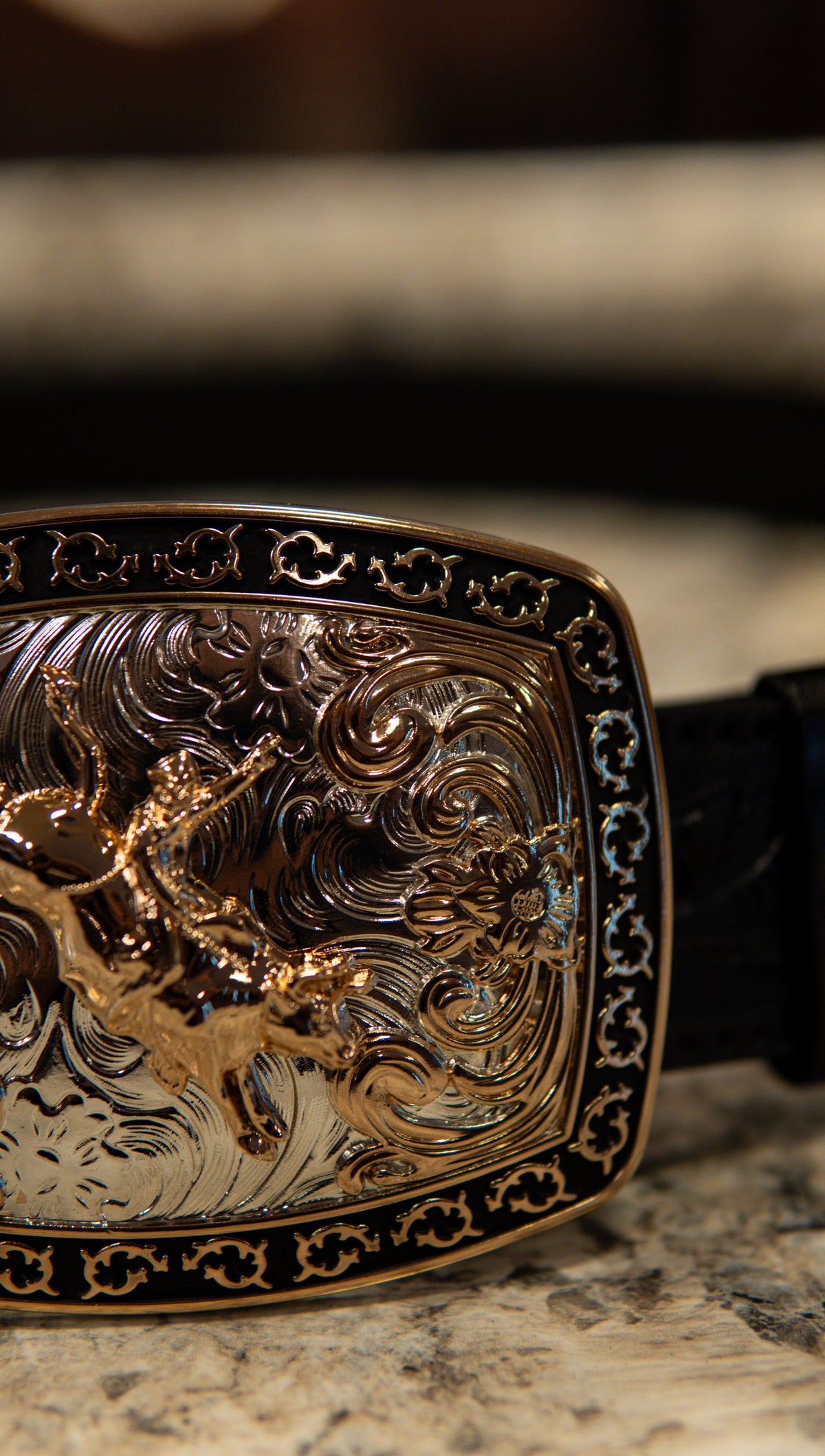 Bull Rider Tooled Blacked Square Western Buckle