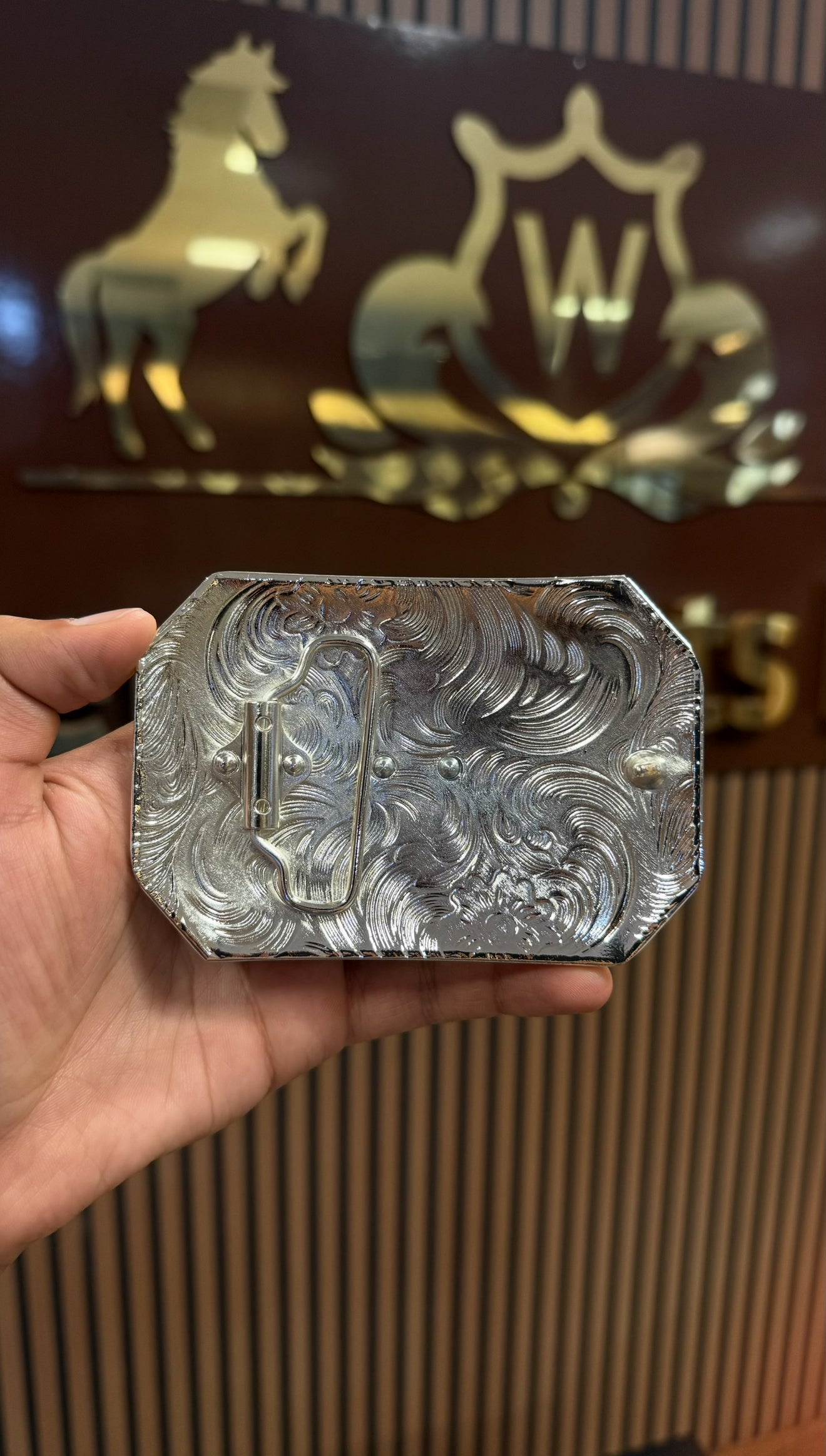 Virgin Mary Brown Hand Tool Silver Buckle