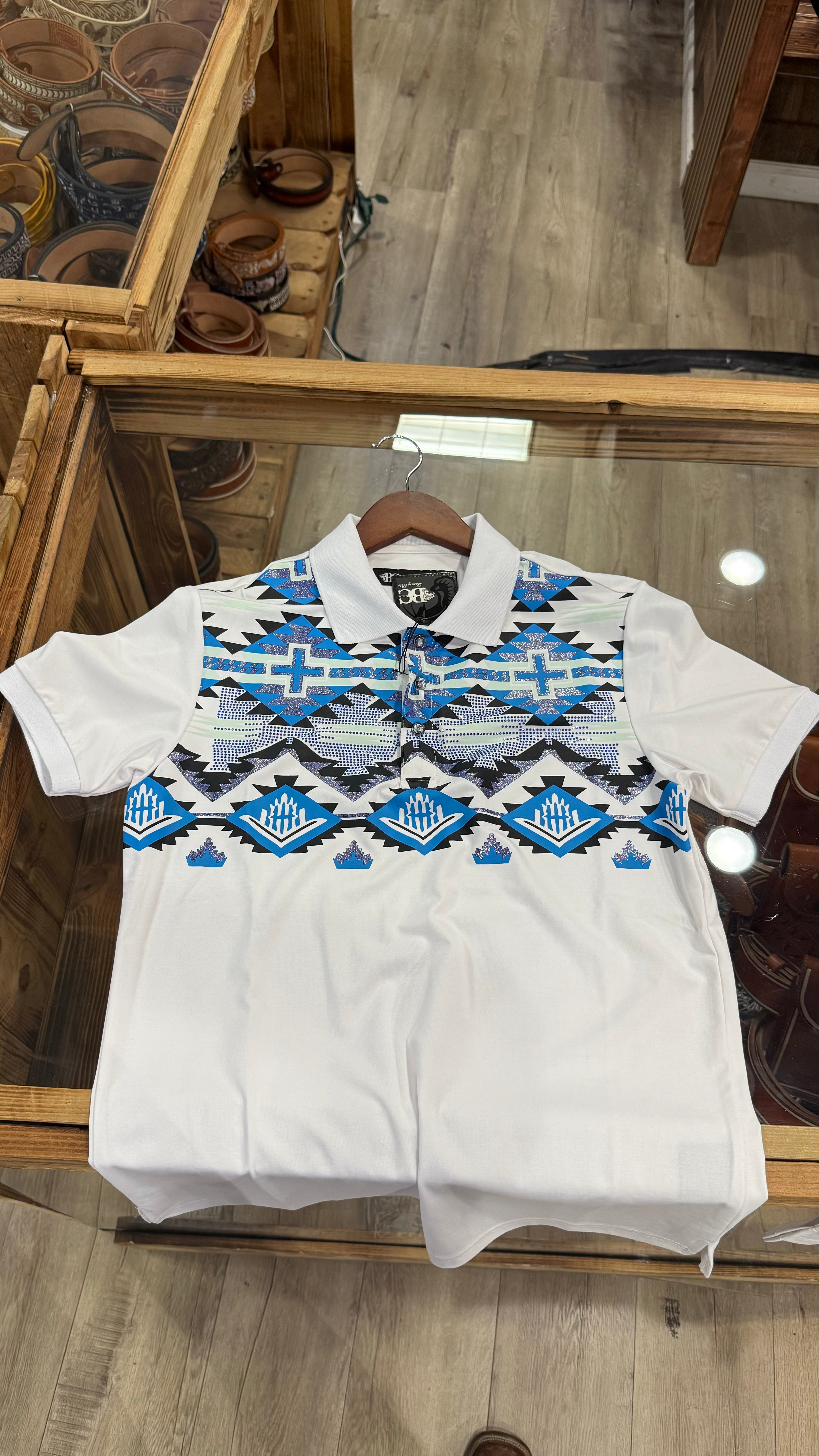 Men’s Polo Button Up “White Blue Cross”