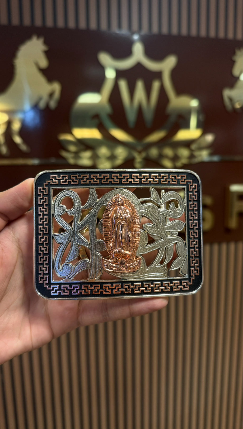 Virgin Mary Rose Gold Aztec Silver Buckle