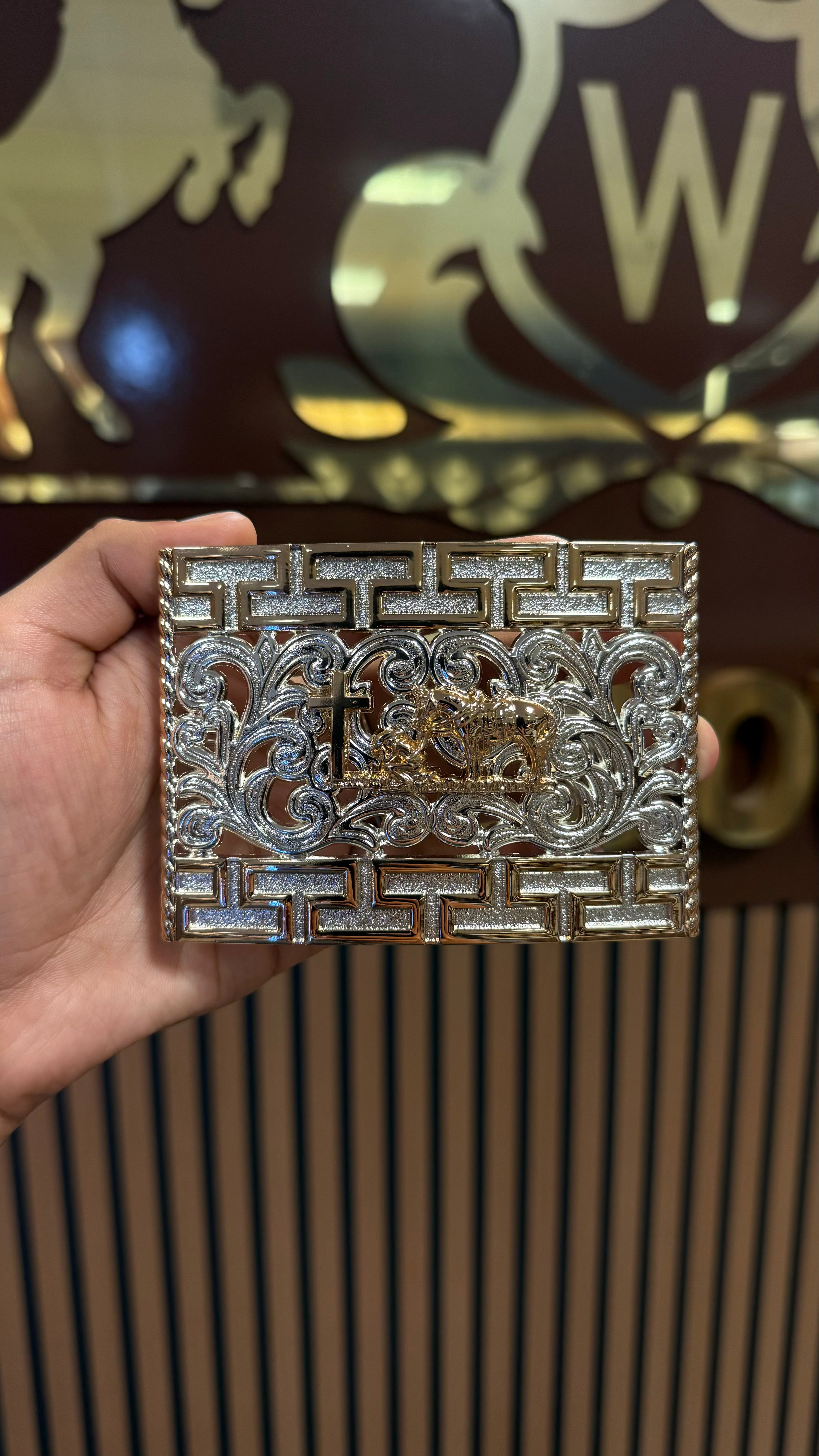 Kneeling Horse Rose Gold Aztec Buckle