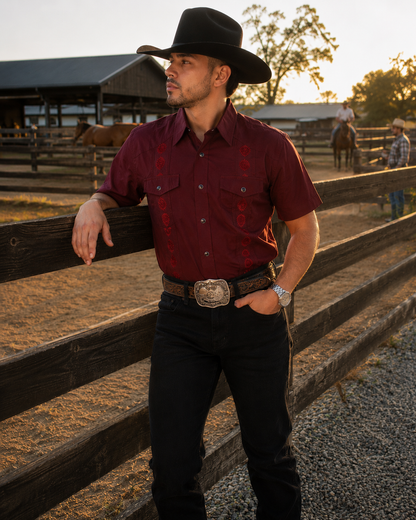 Men’s AW Short Sleeve Button Up “Burgendy Red”