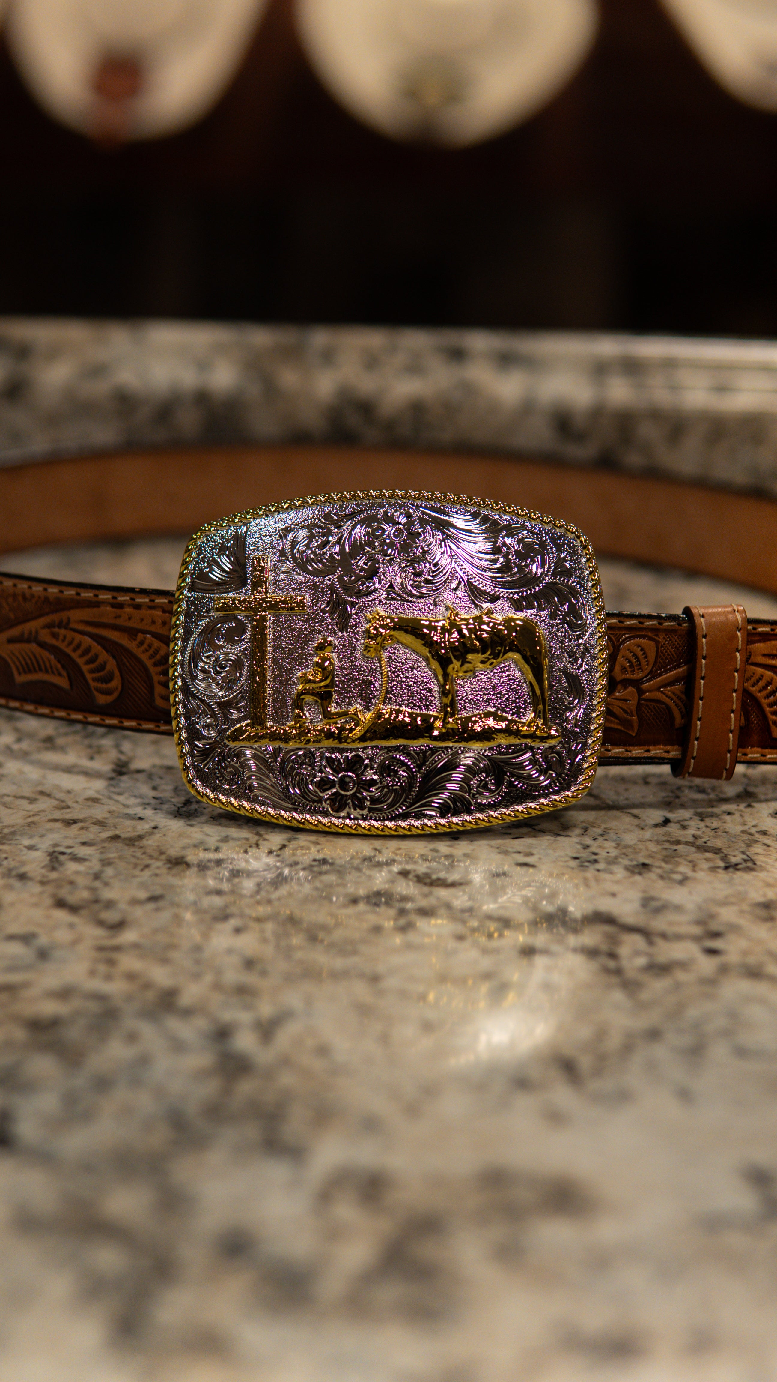 Kneeling Cross Golden Silver Western Buckle