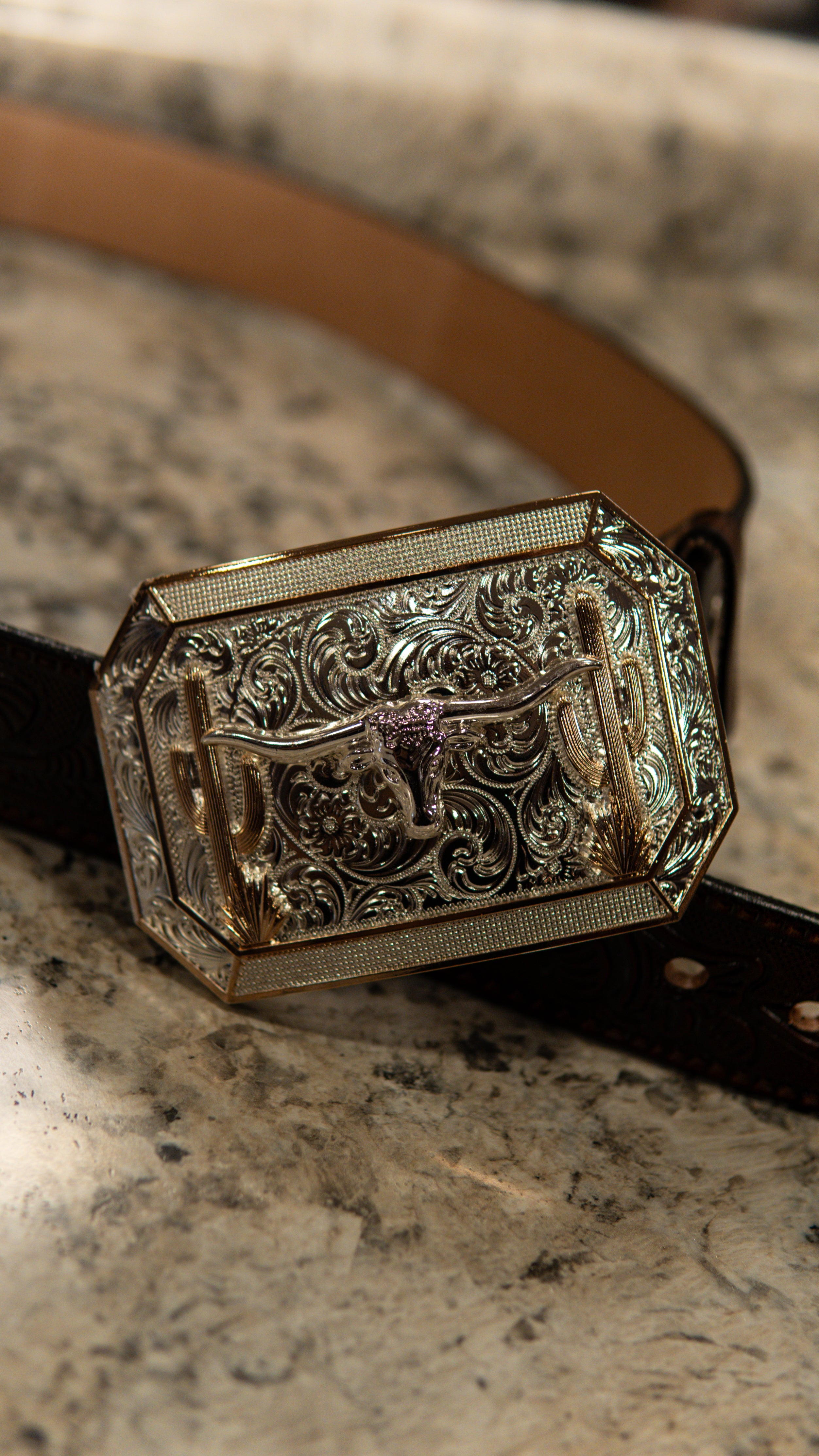 Long Horn Cactus Silver Squarw Western Buckle
