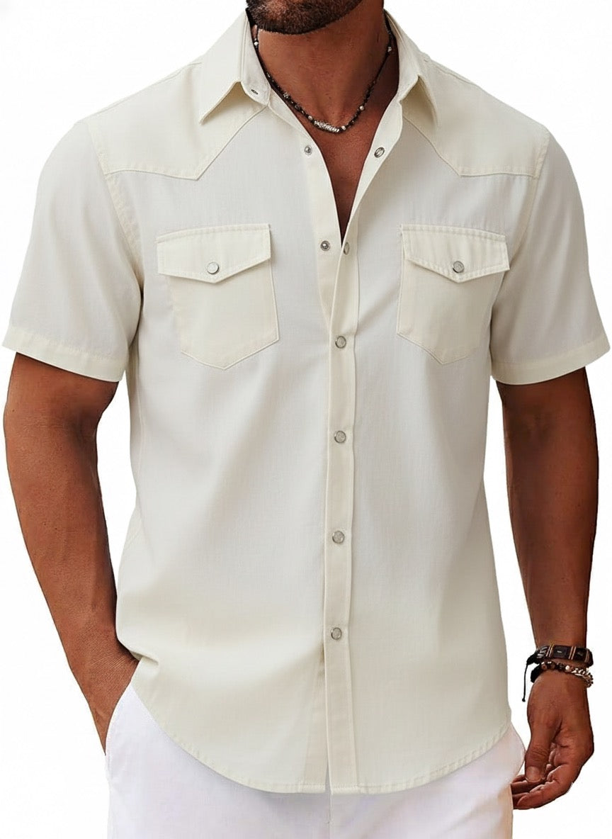 Men’s Plain Short Sleeve Button Up - Beige