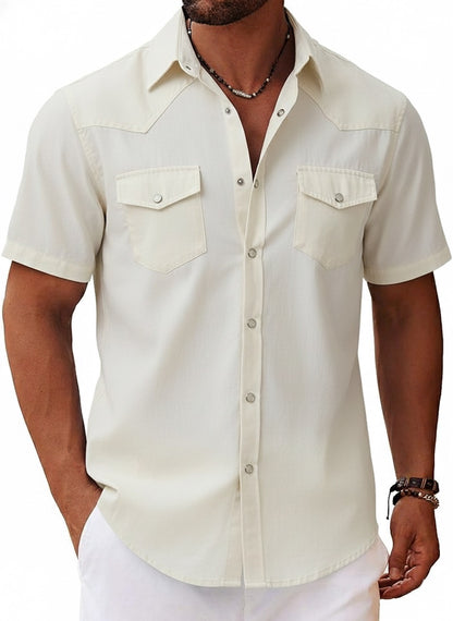 Men’s Plain Short Sleeve Button Up - Beige