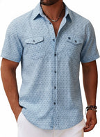 Men’s Printed Short Sleeve Button Up - Blue