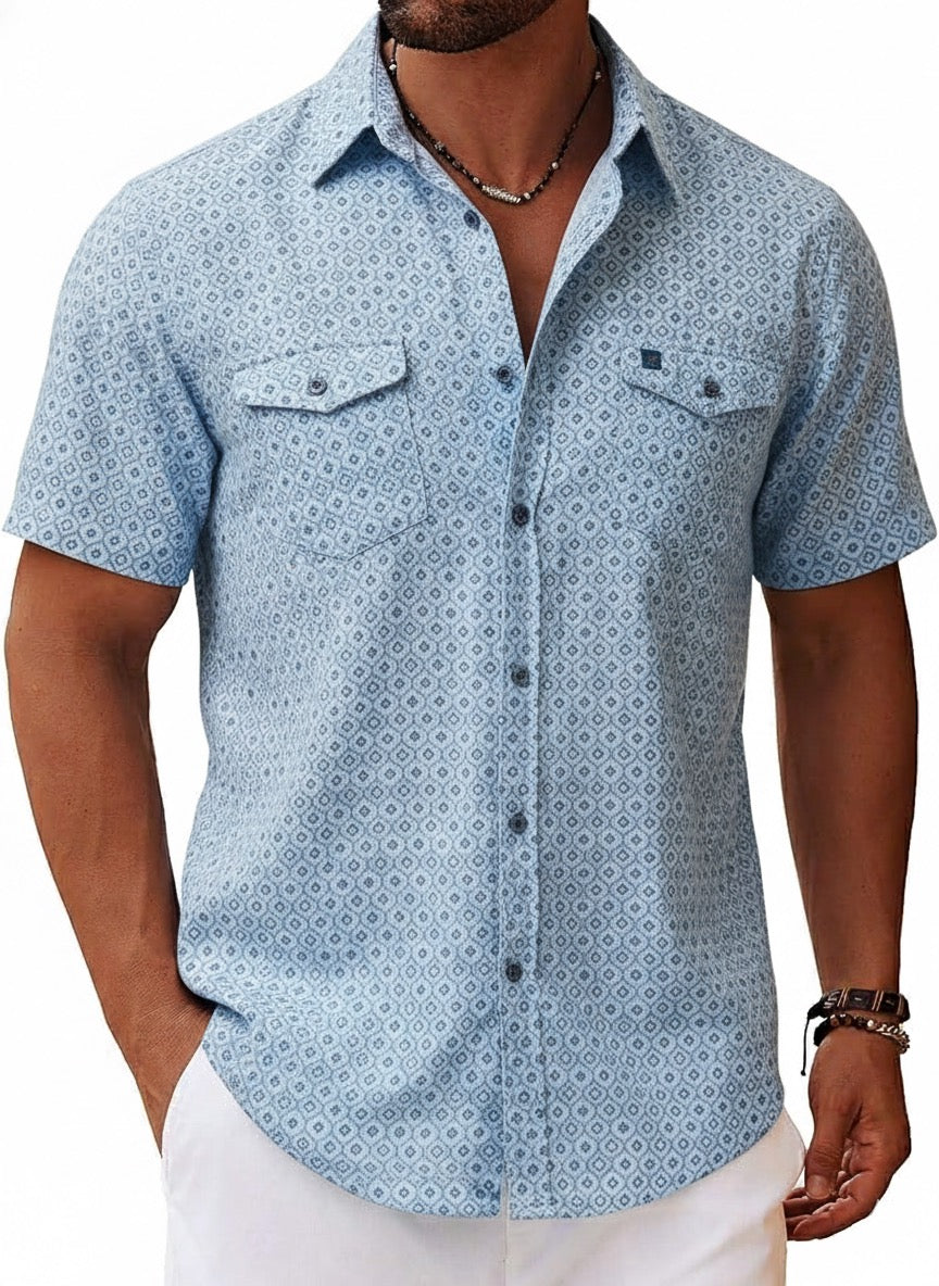Men’s Printed Short Sleeve Button Up - Blue