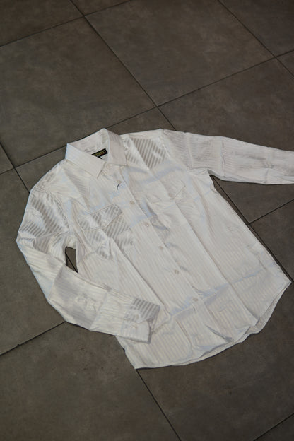 Men’s Long Sleve Button Up - Silky Striped White