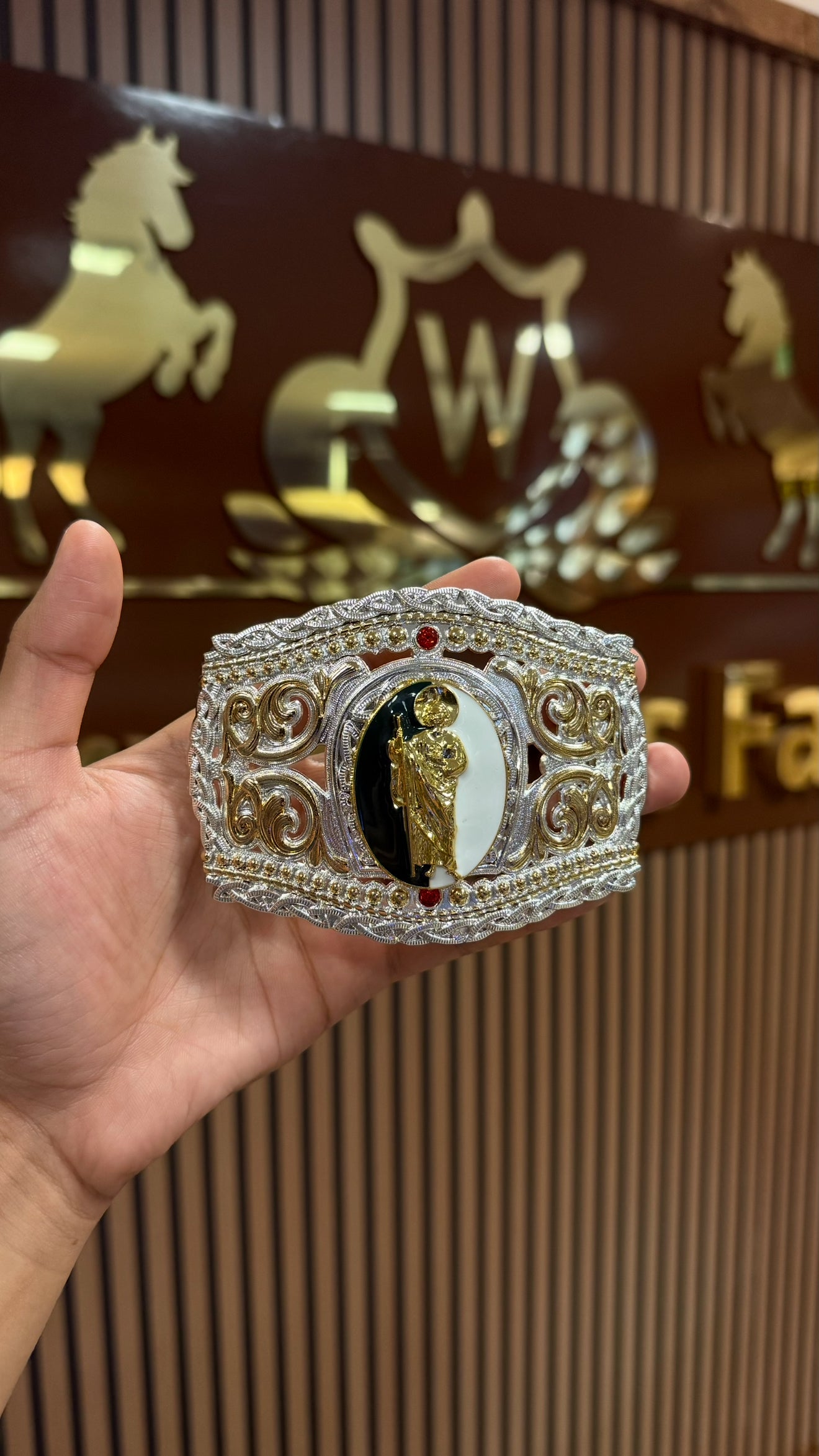 San Judas Red Gem Gold Silver Buckle