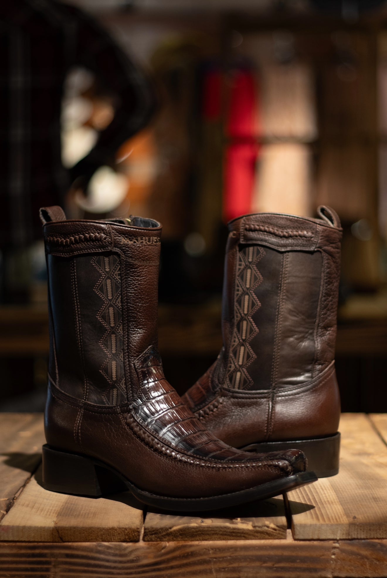 Mahuestic Caiman Belly Cafe Zip Up Narrow Square Toe Boots