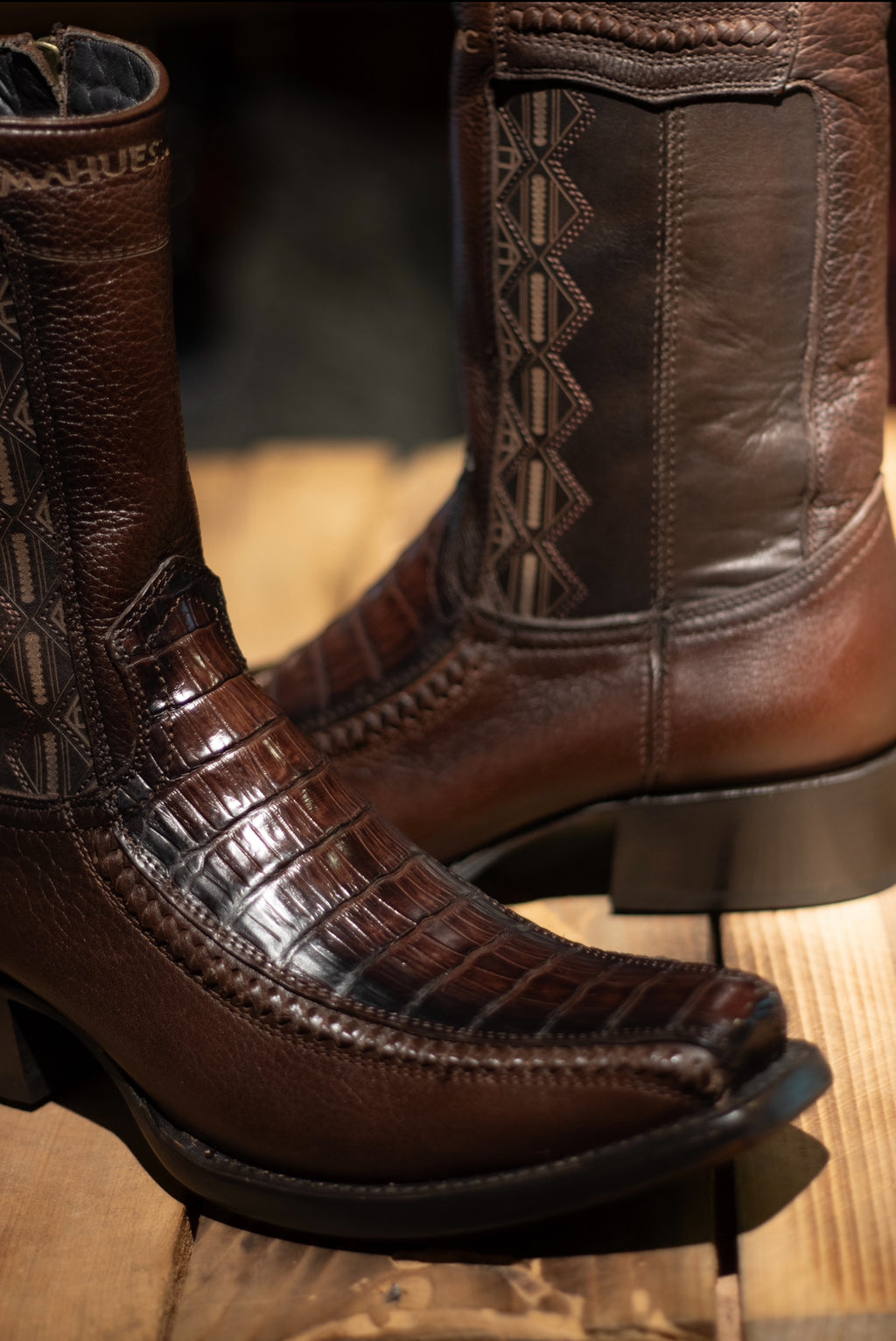 Mahuestic Caiman Belly Cafe Zip Up Narrow Square Toe Boots