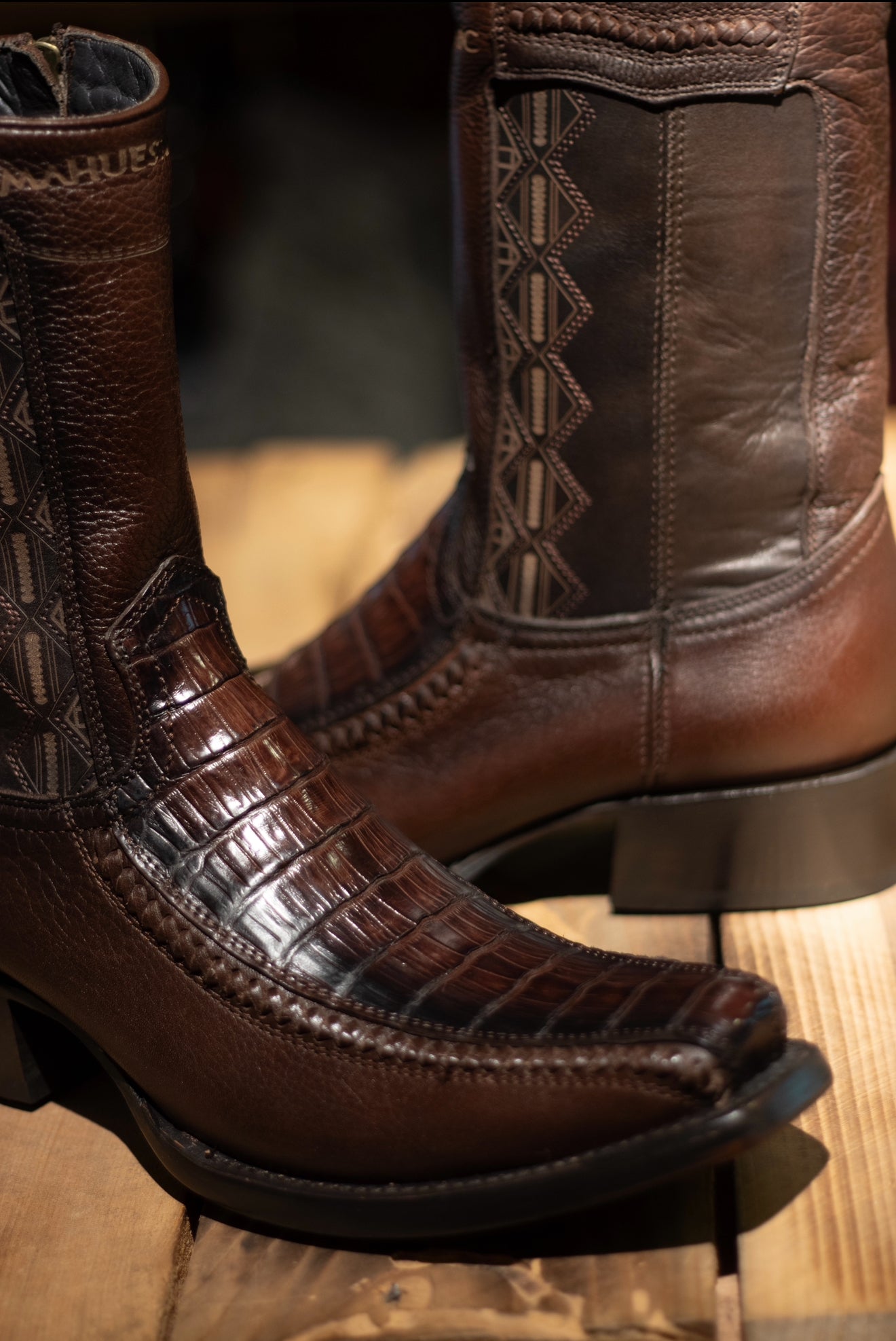 Mahuestic Caiman Belly Cafe Zip Up Narrow Square Toe Boots