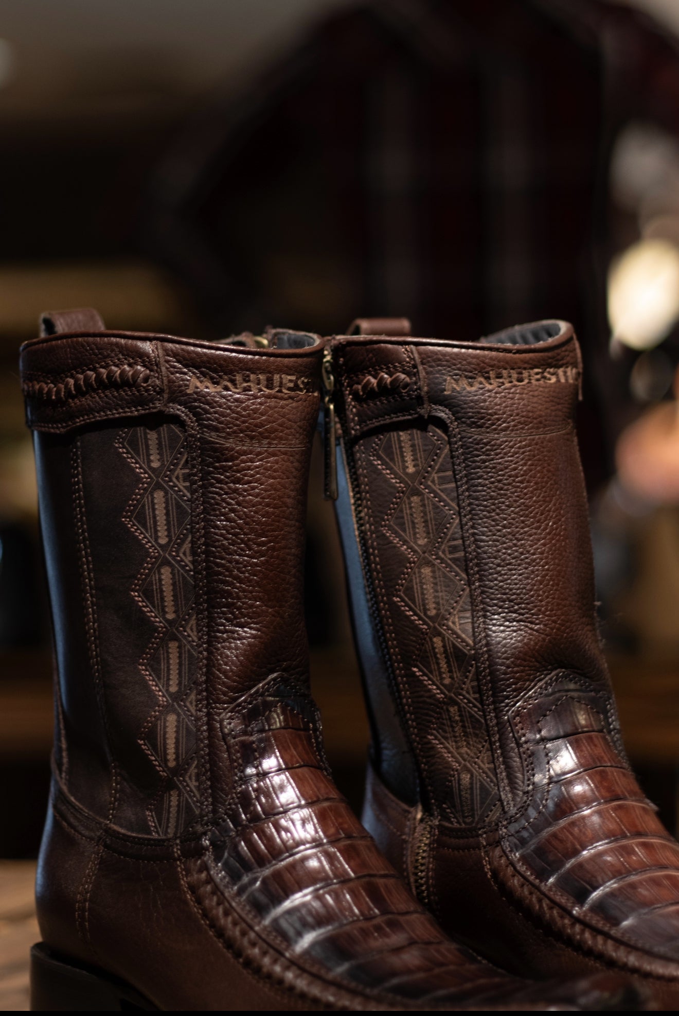 Mahuestic Caiman Belly Cafe Zip Up Narrow Square Toe Boots