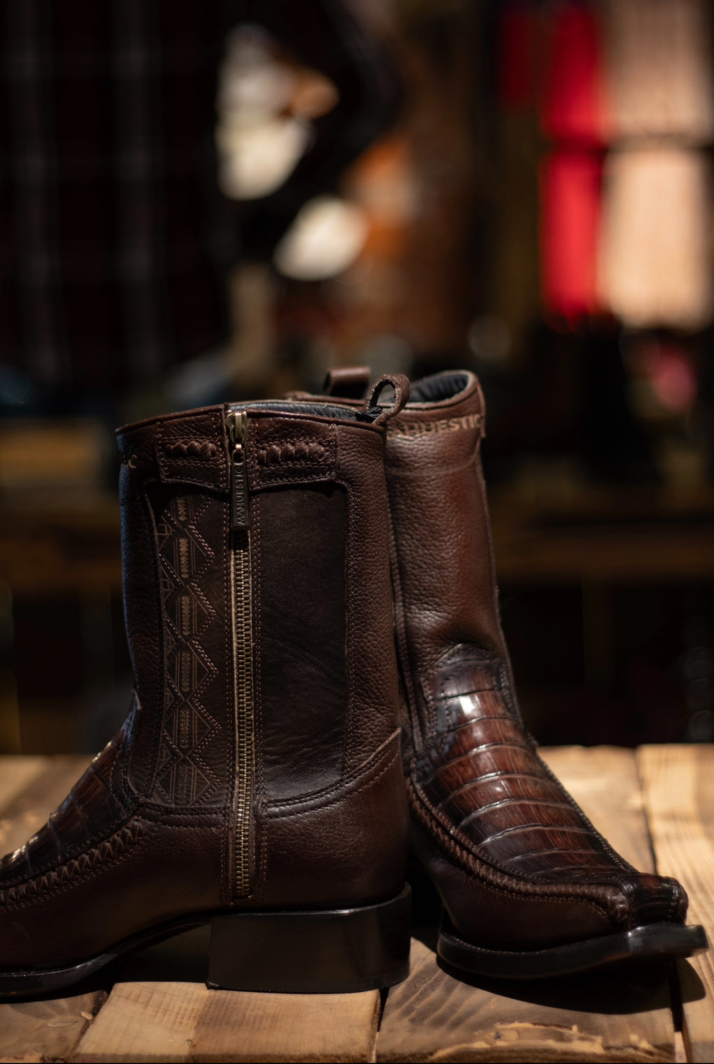 Mahuestic Caiman Belly Cafe Zip Up Narrow Square Toe Boots